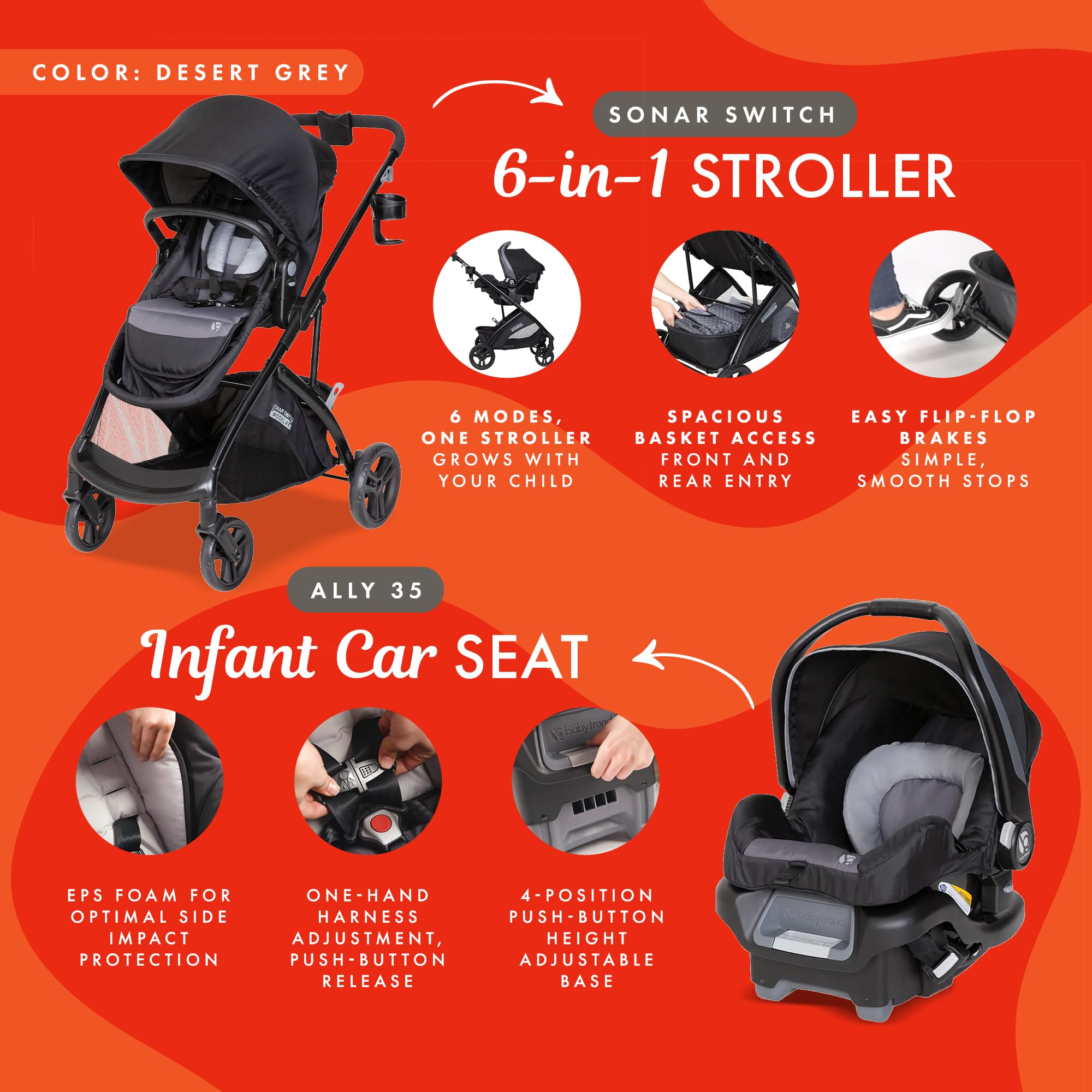 Baby Trend Sonar™ Switch 6-in-1 Modular Stroller Travel System with Ally™ Infant Car Seat - Desert Grey | Convertible Stroller for Newborn to Toddler | Perfect for Shopping, Travel & Daily Walks