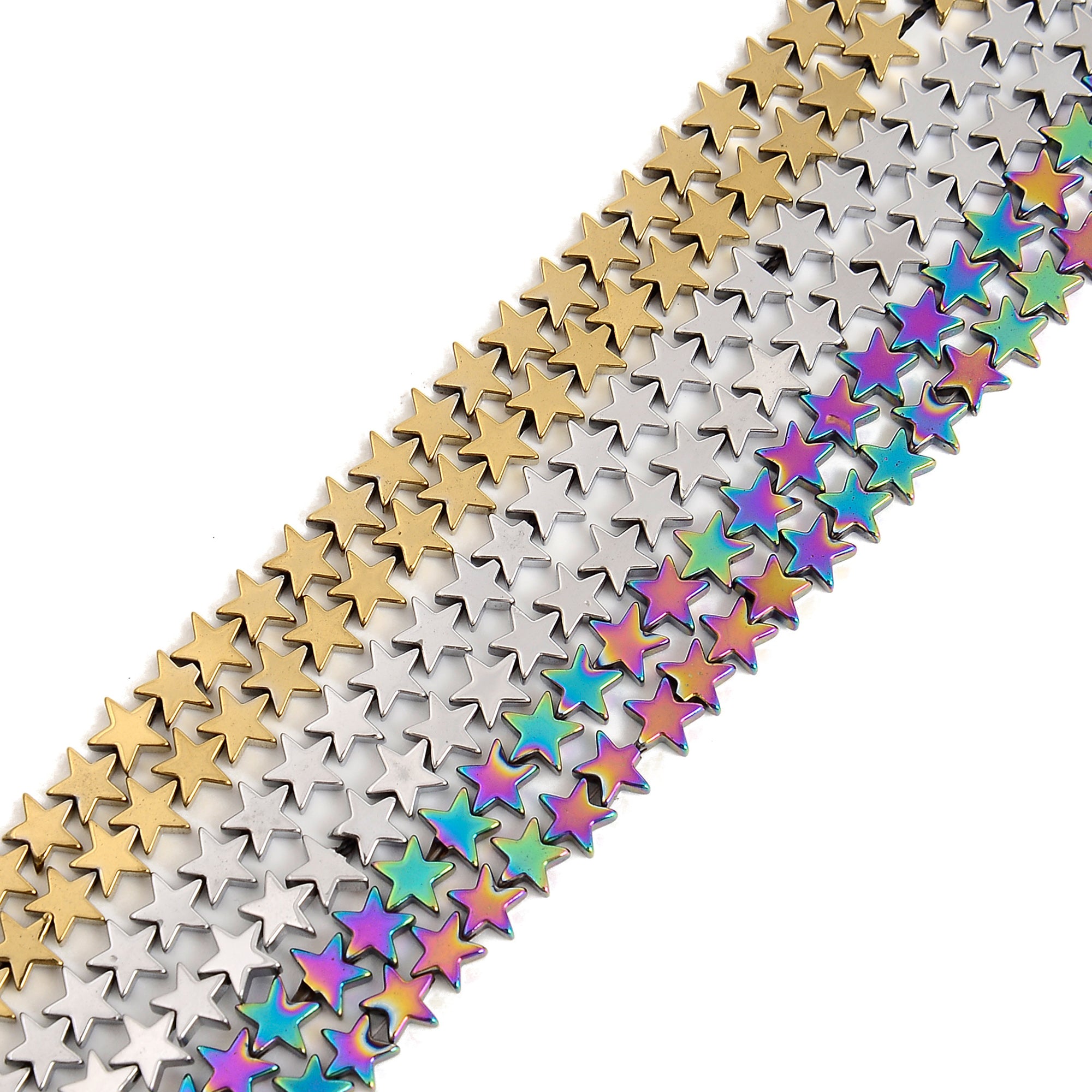 6mm Gold Silver Rainbow Plated Hematite Five-Pointed Star Beads - 15.5 Inch Strand for Jewelry Making, DIY Bracelets & Necklaces - Perfect for Boho, Witchy & Celestial Craft Projects