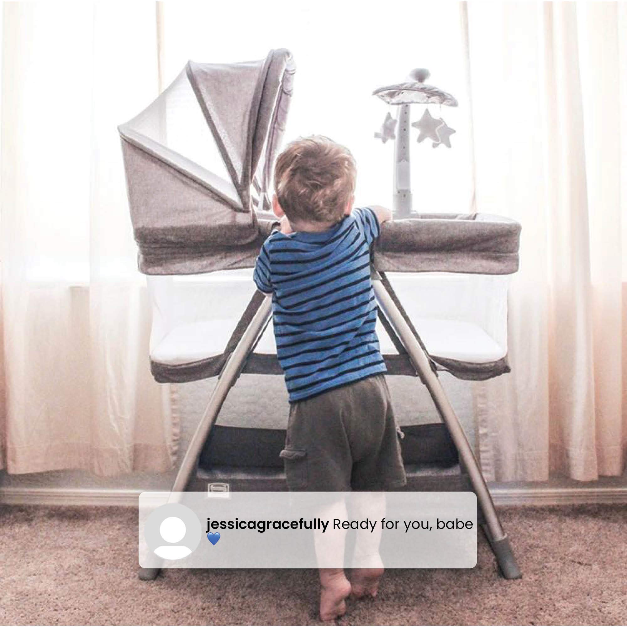 Simmons Kids City Sleeper Portable Bassinet & Bedside Crib with Nightlight, Vibration, Rotating Stars & Activity Mobile - Grey Tweed | Perfect for Newborns & Nursery Room Decor