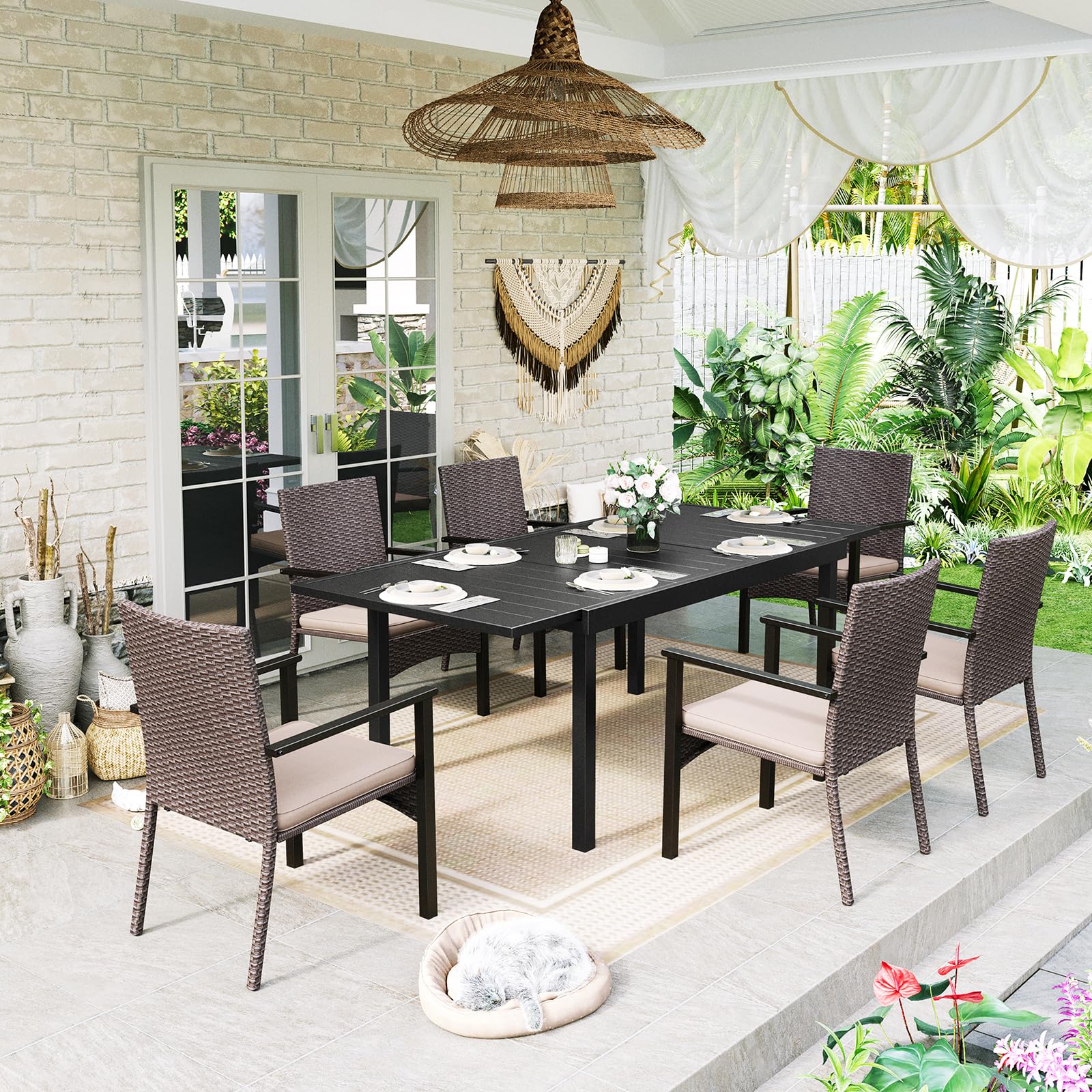 Sophia & William 7-Piece Expandable Rectangular Metal Outdoor Dining Set with Rattan Chairs & Cushions - All-Weather Patio Furniture for 6-8 People - Perfect for Backyard BBQs, Garden Parties & Outdoor Entertaining
