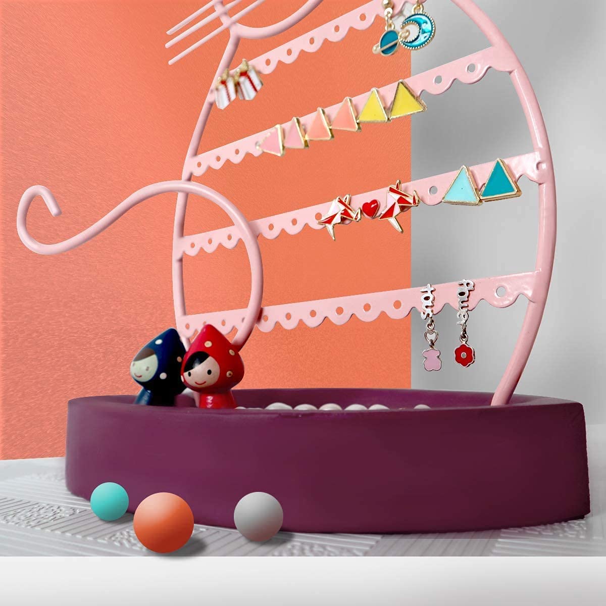 ERYTLLY Cat-Shaped Earring Holder Organizer with Wood Base - 47 Stud Earrings Holes, Necklace & Bracelet Stand - Pastel Pink | Perfect for Jewelry Display, Bedroom Decor & Gift Giving
