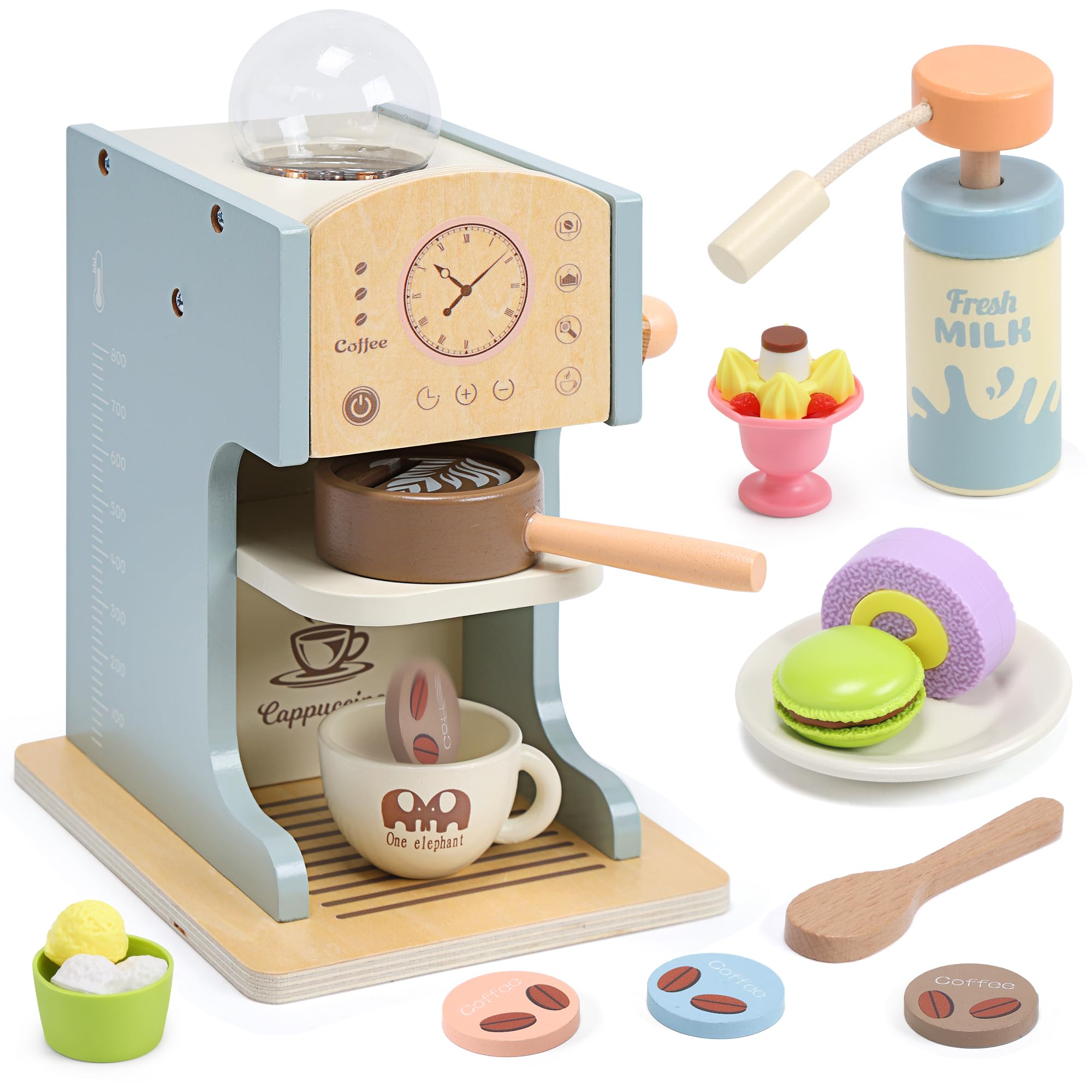 **Wooden Toy Coffee Maker for Kids - Pretend Play Kitchen Set with Coffee Shop Accessories & Toy Desserts - Educational Role Play Toys for Toddlers, Girls & Boys - Perfect for Home, Classroom & Playdates**