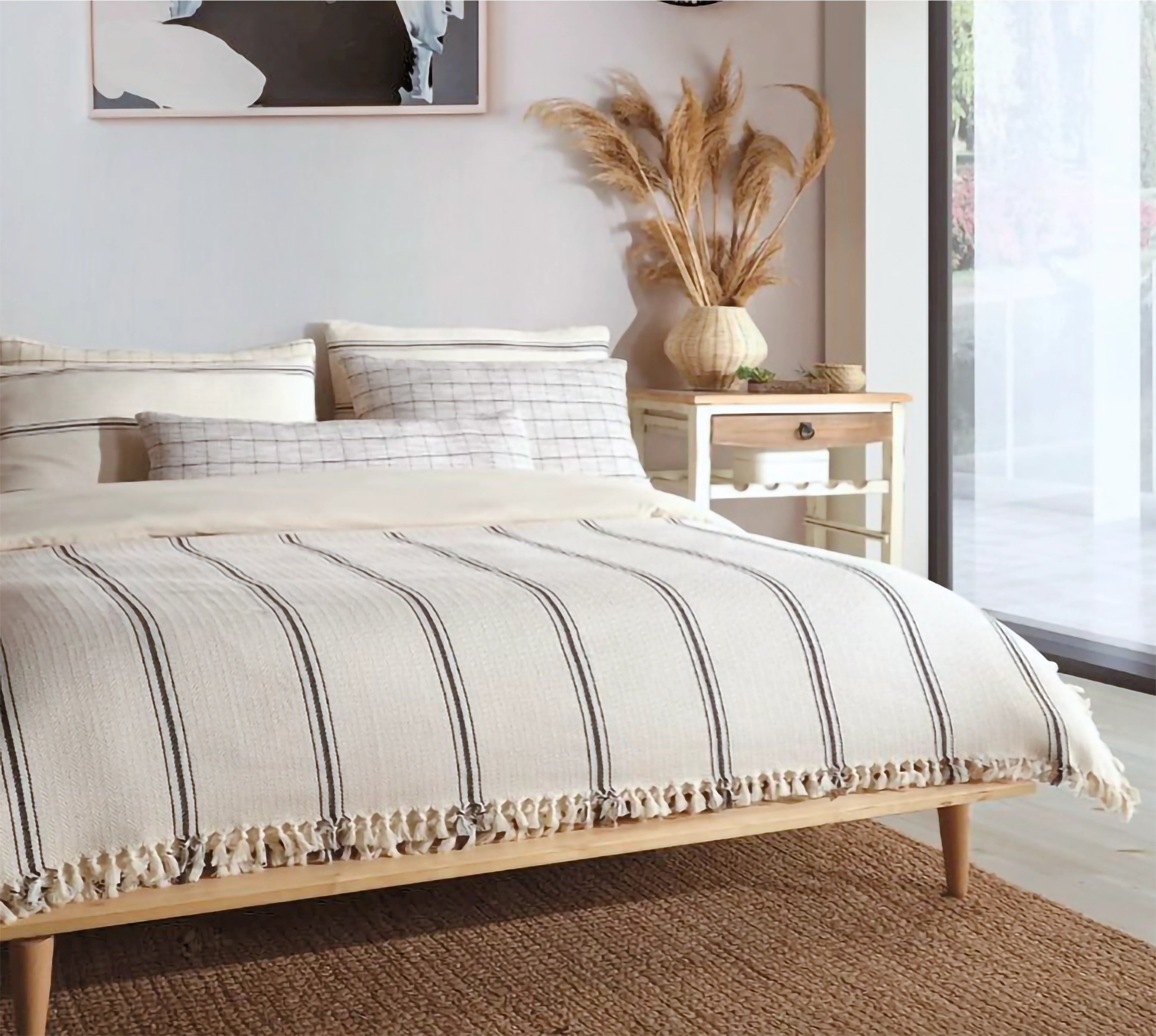 Boho Cream Bedspread with Black Stripes - Queen Size Cotton Bed Cover for Bohemian Bedroom Decor | Perfect for Master Bedroom, Guest Room & Dorm Styling