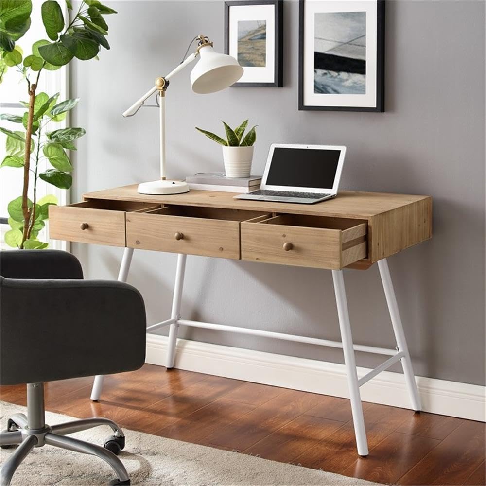 Modern White Wood and Metal 3-Drawer Writing Desk - Perfect for Home Office, Study Room & Small Workspaces