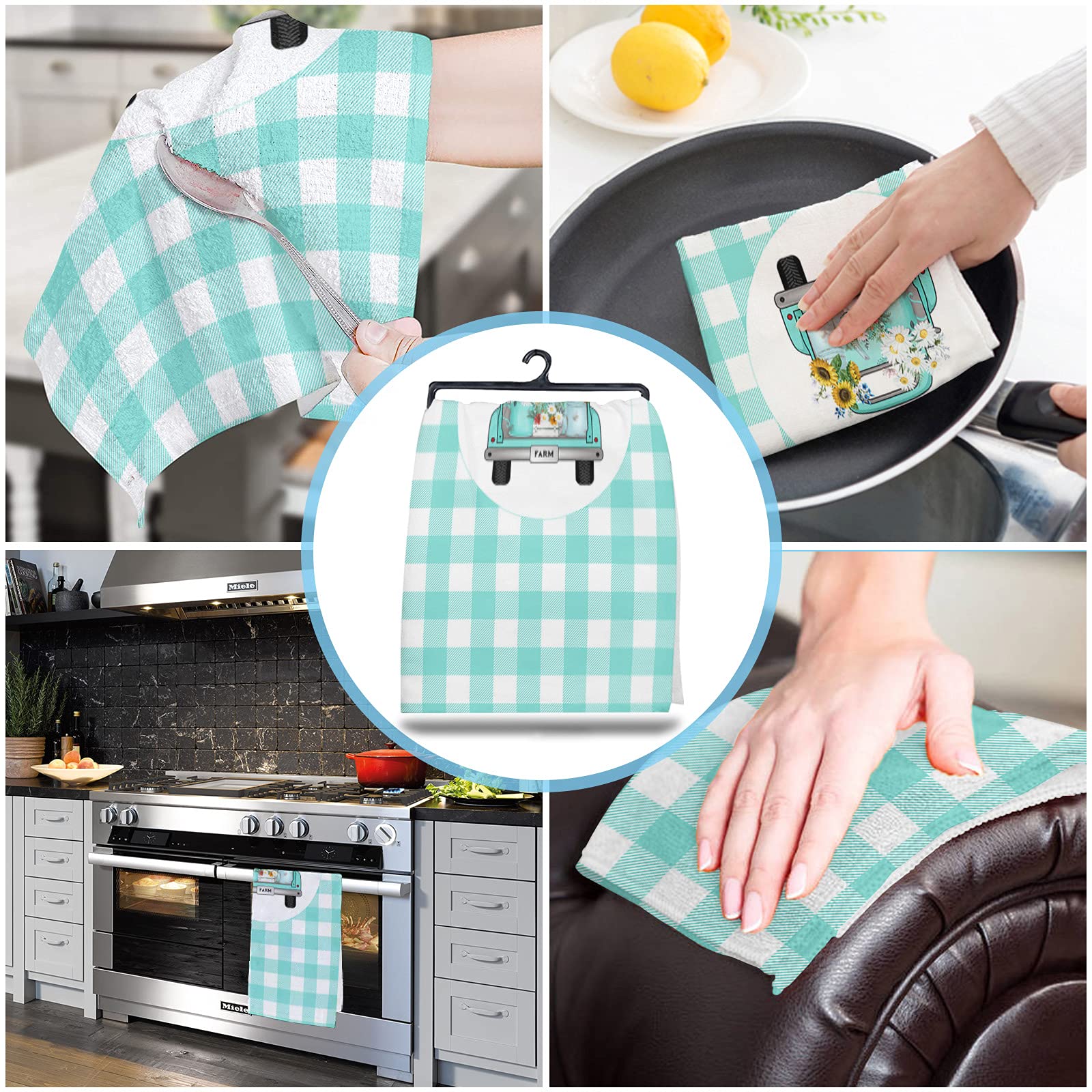 Farmhouse Blue Truck Sunflower Daisy Kitchen Towels - 18x28 Inches Soft Cotton Dish Cloths, Tea Towels & Hand Towels (4 Pack) - Perfect for Kitchen, Bathroom & Bar Use