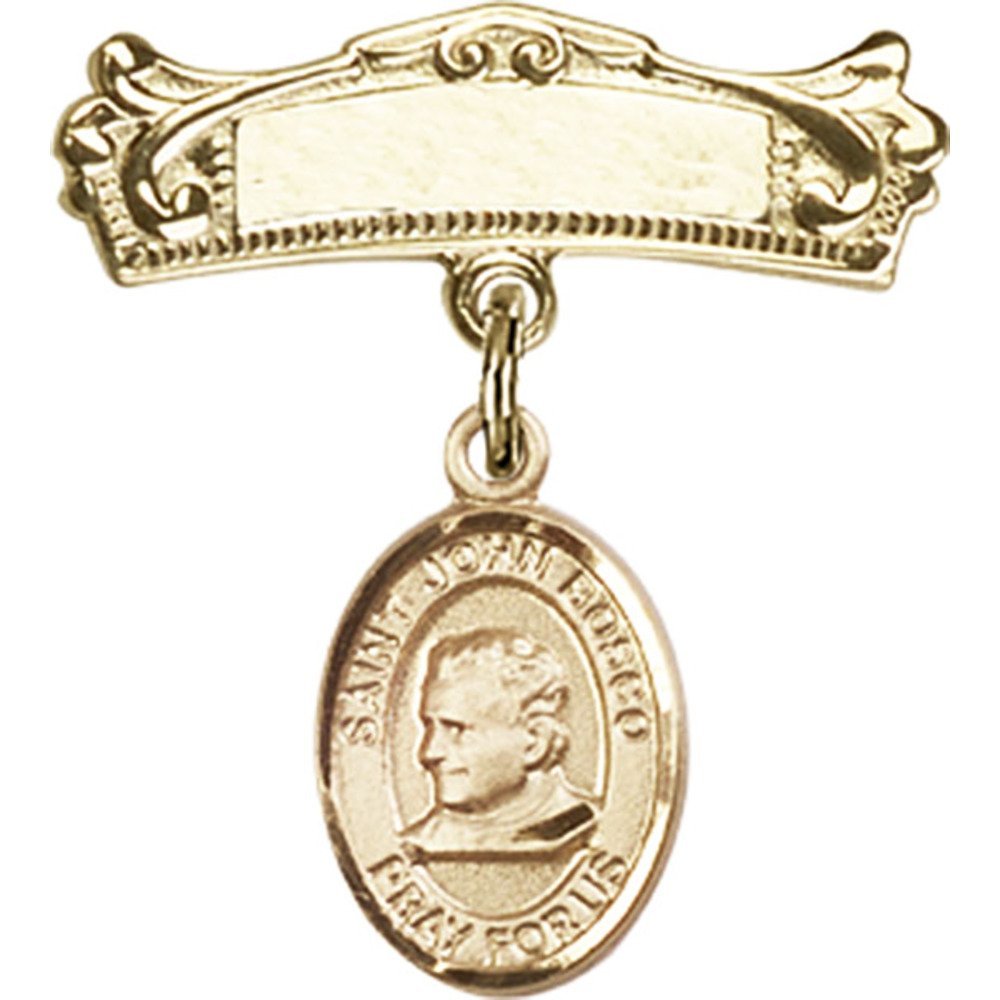 St. John Bosco Gold Filled Baby Badge with Arched Polished Pin - 7/8 X 3/4 Inches - Perfect for Baptism Gifts, First Communion & Baby Blessings