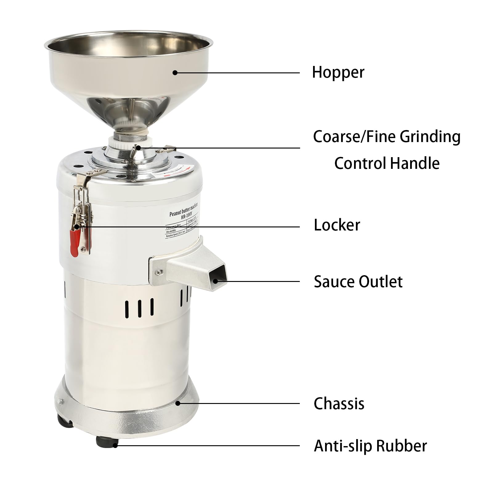 1100W Electric Peanut Butter Maker Machine - Commercial Nut Grinder for Almonds, Sesame, Rice (33Lb/H Capacity) - Perfect for Home Kitchens, Bakeries & Healthy Snack Preparation - Silver