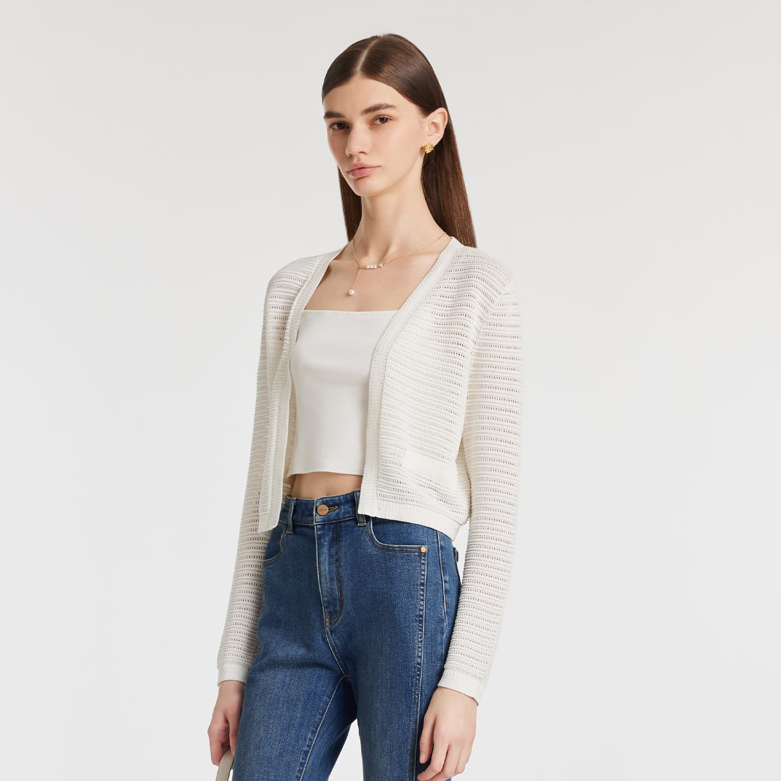 Women's Lightweight Striped Knit Cardigan Sweater with Pearl Buttons - Crew Neck Long Sleeve Open Front Cover-Up for Fall, Office Wear & Casual Outfits
