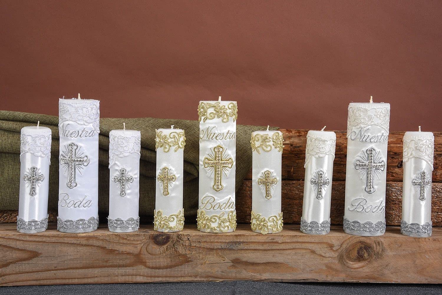 Quinceanera Unity Candles Set - 3 Ivory Gold Wedding Candles for Ceremonies