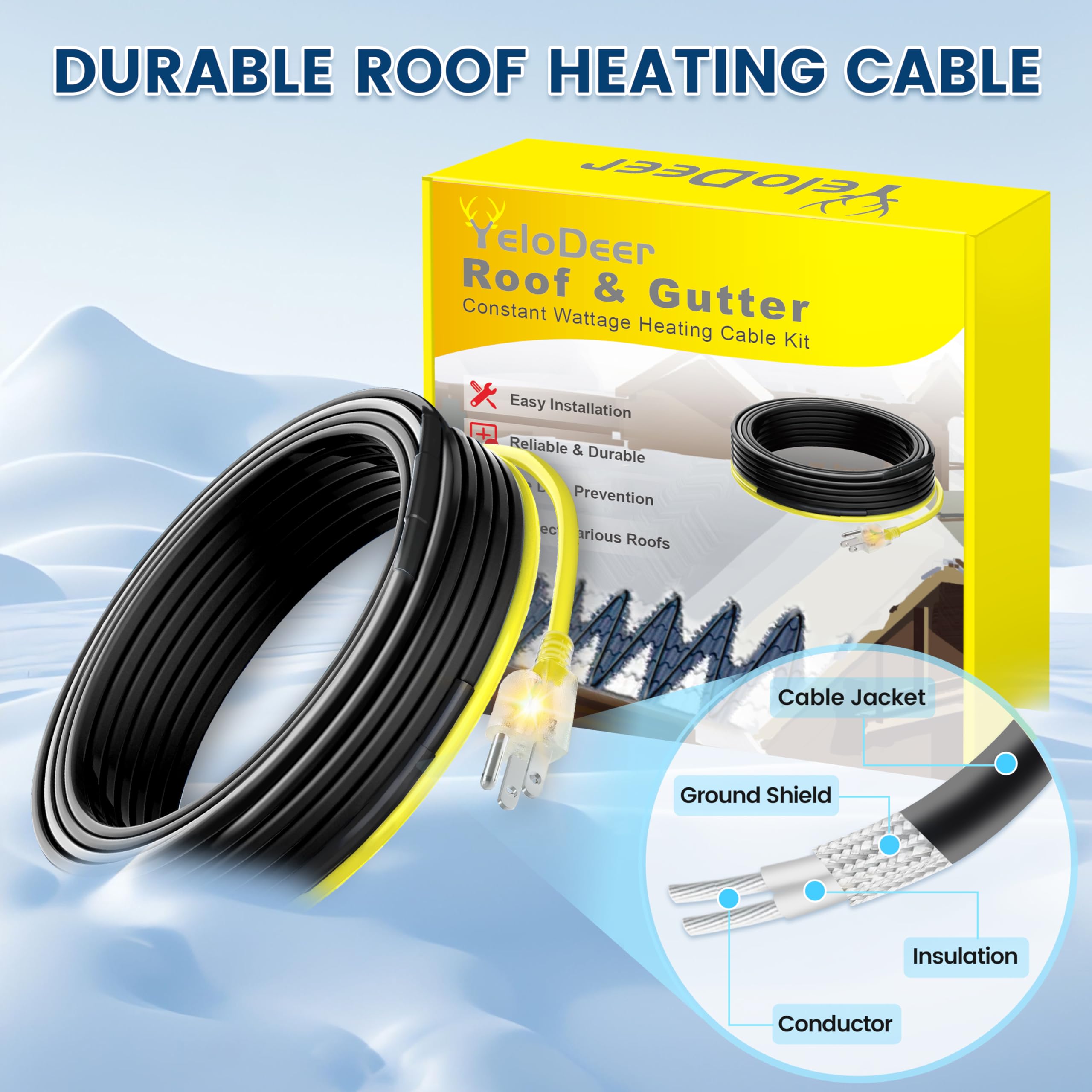 YeloDeer 65ft Electric Heat Tape for Roof & Gutter - 7W/ft 120V Heated Cable with 6ft Cold Weather Power Plug | Prevent Ice Dams & Winter Roof Damage | Ideal for Snowy Climates & Home Winterization