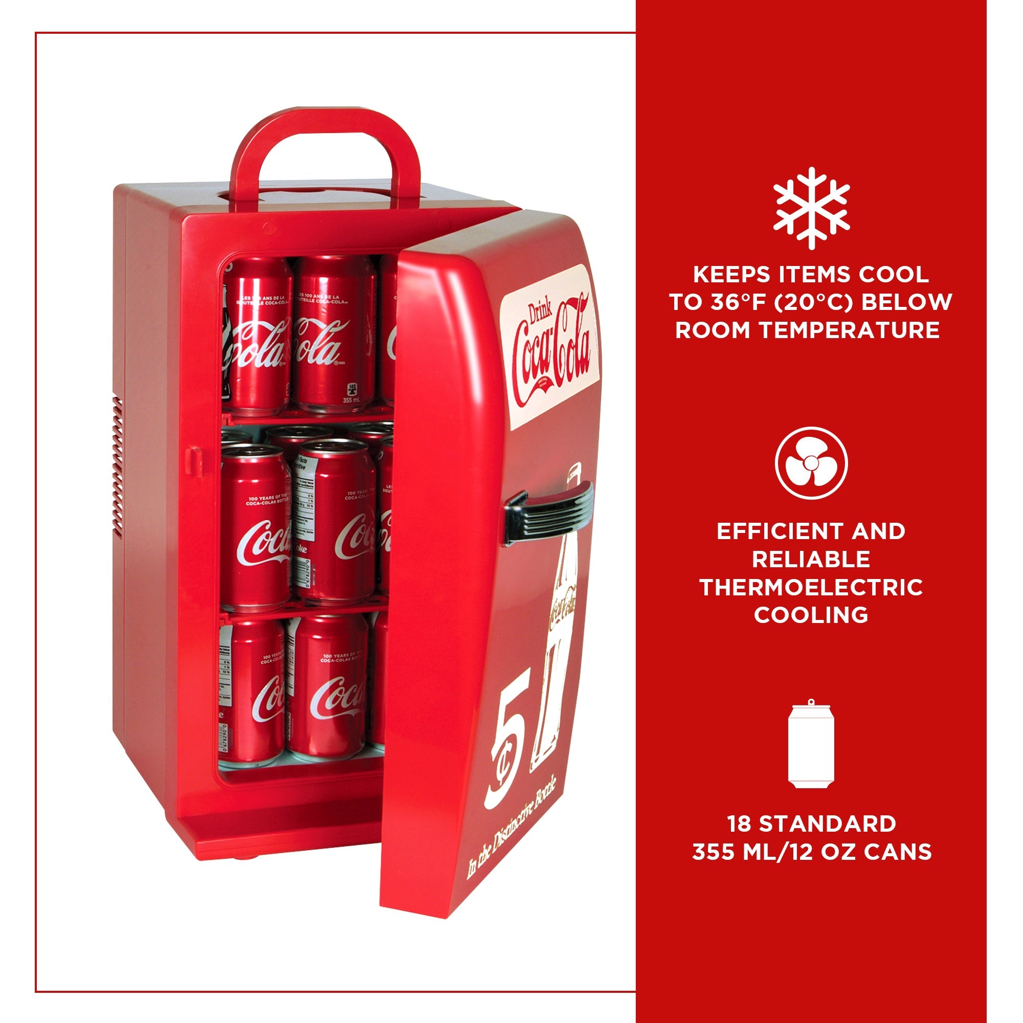 Retro Coca Cola Mini Fridge 18 Can Capacity - 22L (23 qt) Portable Cooler with 12V DC & 110V AC Power Cords - Red Compact Refrigerator for Drinks, Snacks & Lunch - Perfect for Home, Office, Dorm, RV & Car Travel