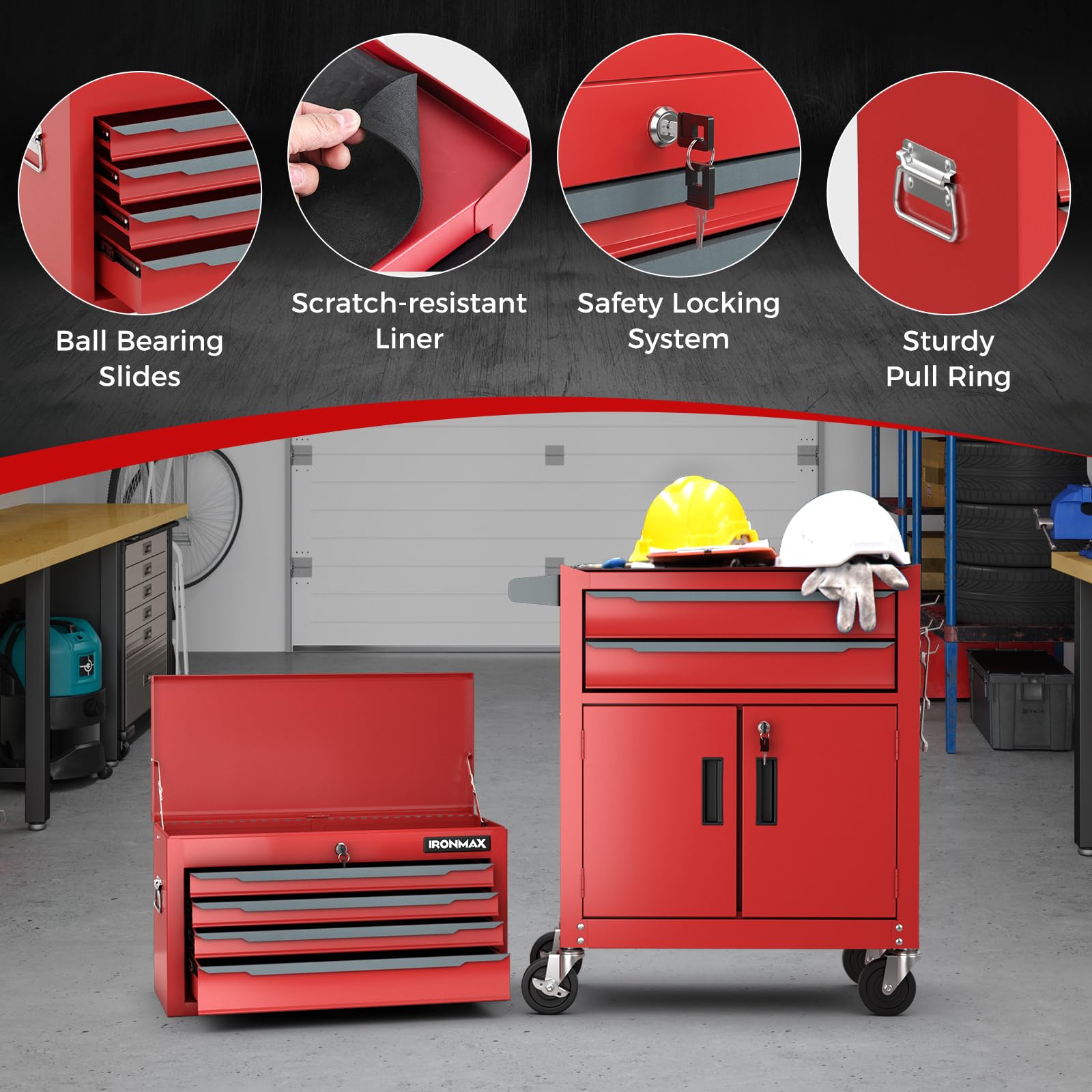 IRONMAX Heavy Duty 2-in-1 Rolling Tool Chest - 6-Drawer Steel Tool Cabinet with Lockable Top Box & 4 Swivel Wheels, Detachable Tool Organizer for Garage, Workshop, Auto Repair - Red | Perfect for Mechanics, DIY Enthusiasts & Professional Technicians