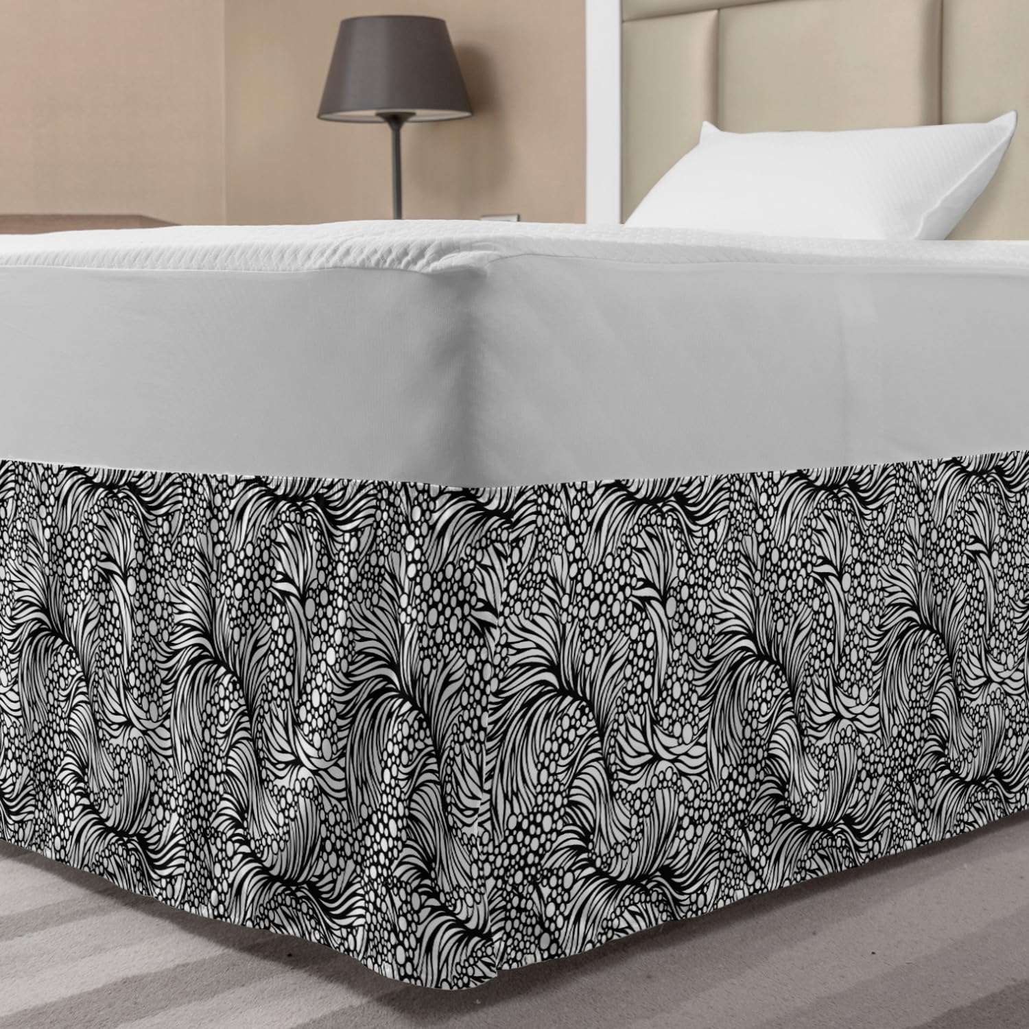 Ambesonne Black and White Elastic Bed Skirt - Abstract Water Themed Bubbles & Waves Ocean Design - Wrap Around Dust Ruffle for Twin/Twin XL Beds - Perfect for Coastal, Modern or Minimalist Bedroom Decor