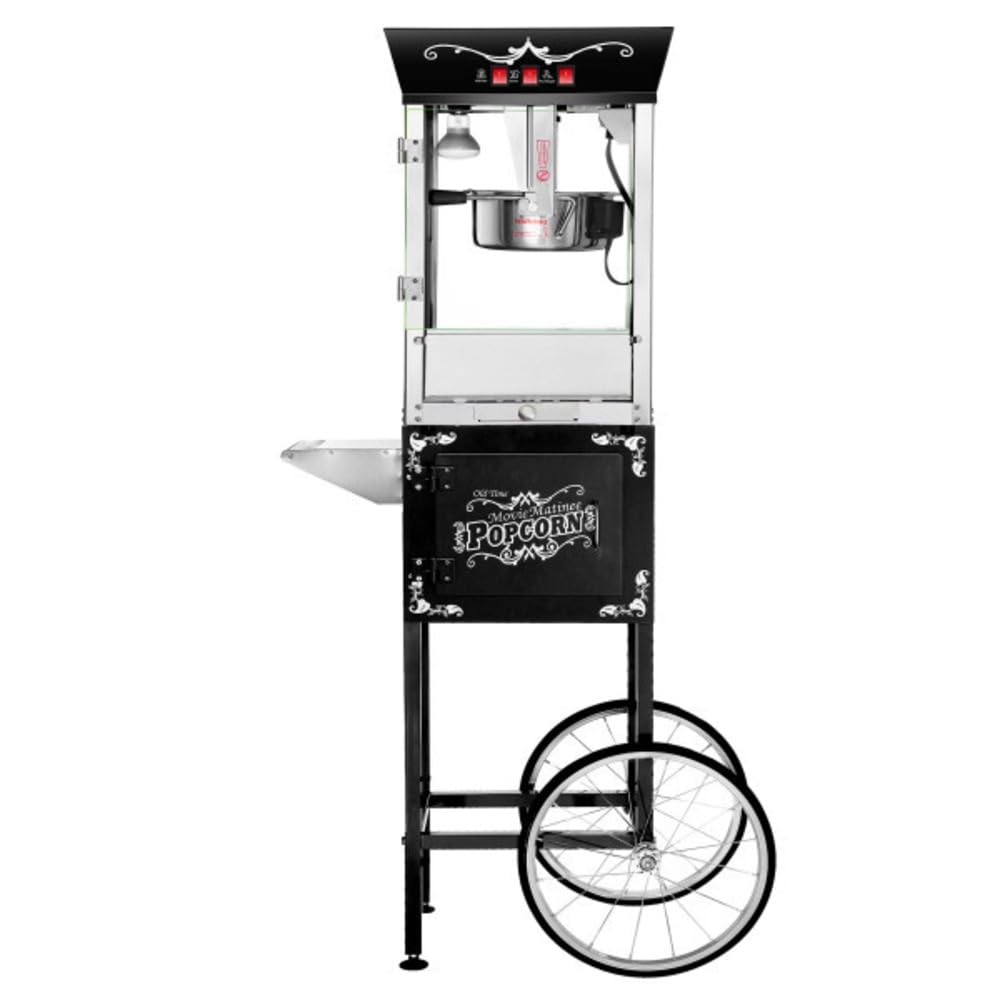 Great Northern Popcorn Matinee 8oz Commercial Popcorn Machine with Cart - Stainless Steel Kettle, Warming Light & Accessories - Perfect for Movie Nights, Parties & Concession Stands (Black)