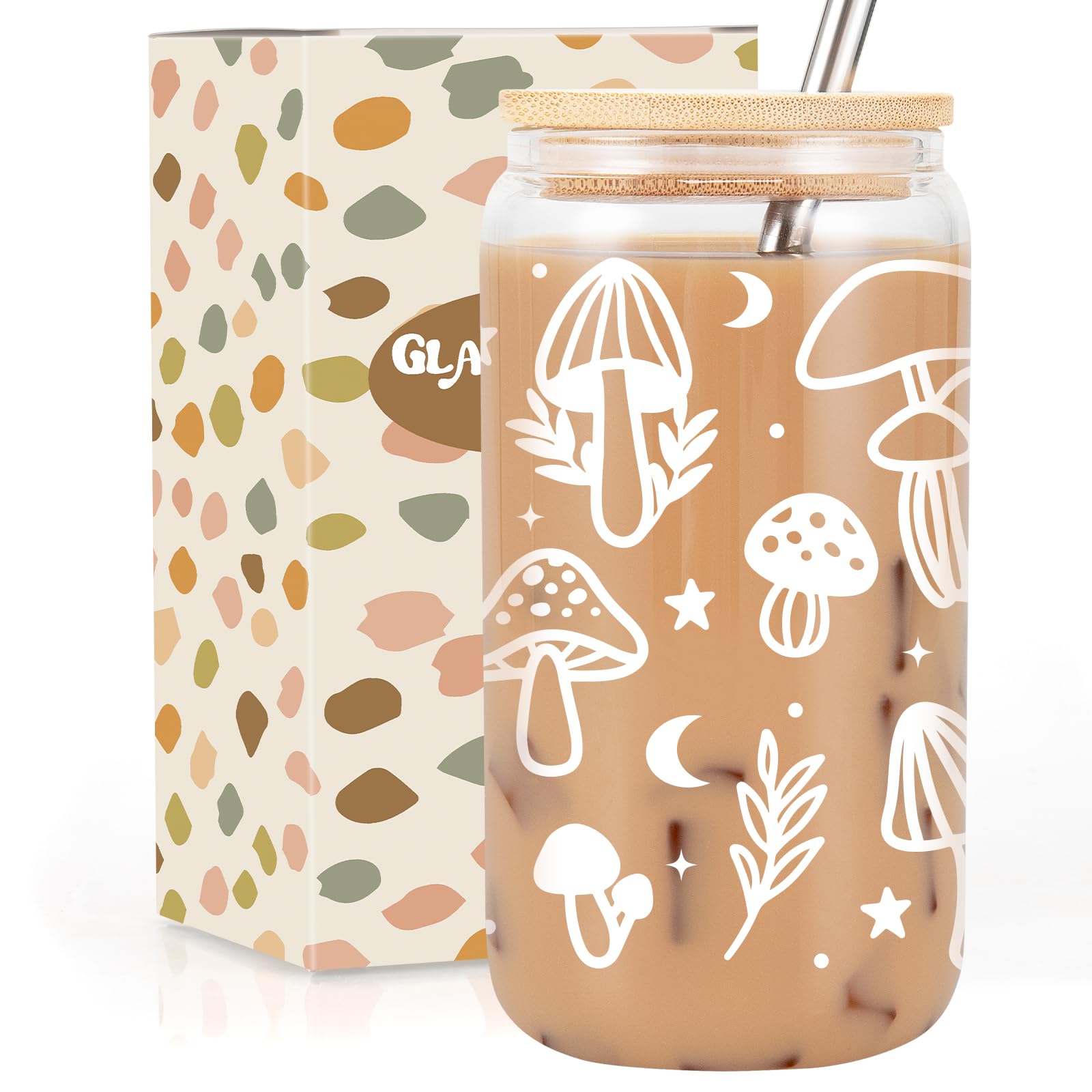 **16oz Aesthetic Mushroom Glass Coffee Cup with Lid & Straw - Cute Shroom Design Tumbler for Women - Perfect Mother's Day Gift, Home & Office Use**