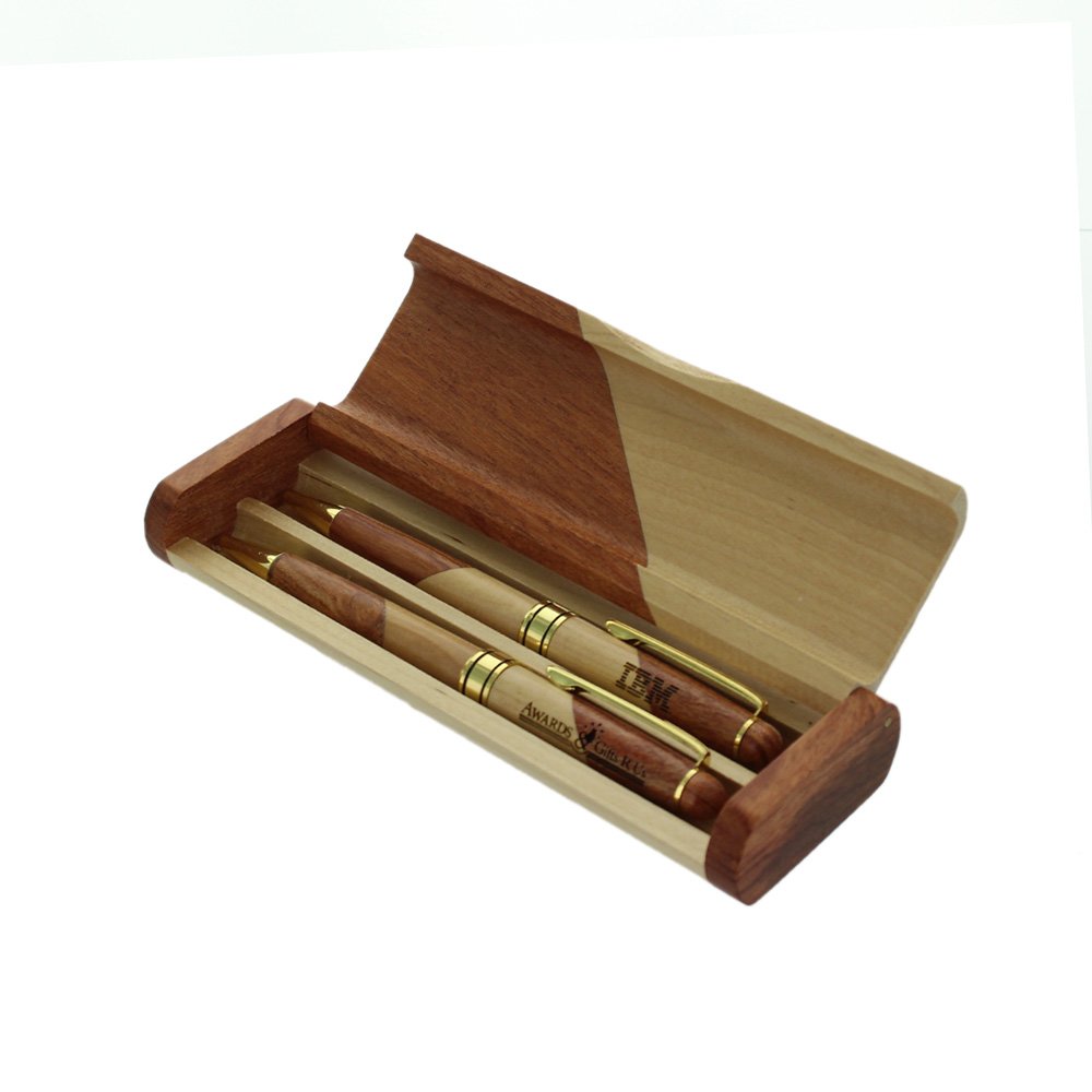Premium Engraved Pen and Pencil Gift Set in Elegant Two-Tone Wooden Box - Perfect for Graduation, Corporate Gifts & Office Essentials (Personalization Available)