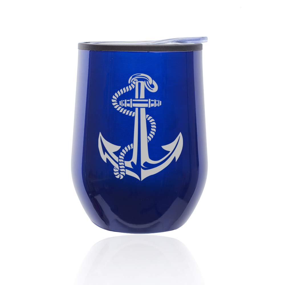 Stemless Wine Tumbler with Lid - 16oz Insulated Coffee Travel Mug, Anchor Design with Rope Handle, Shatterproof Glass for Wine, Cocktails & Hot Beverages - Perfect for Beach, Camping & Outdoor Adventures (Blue)