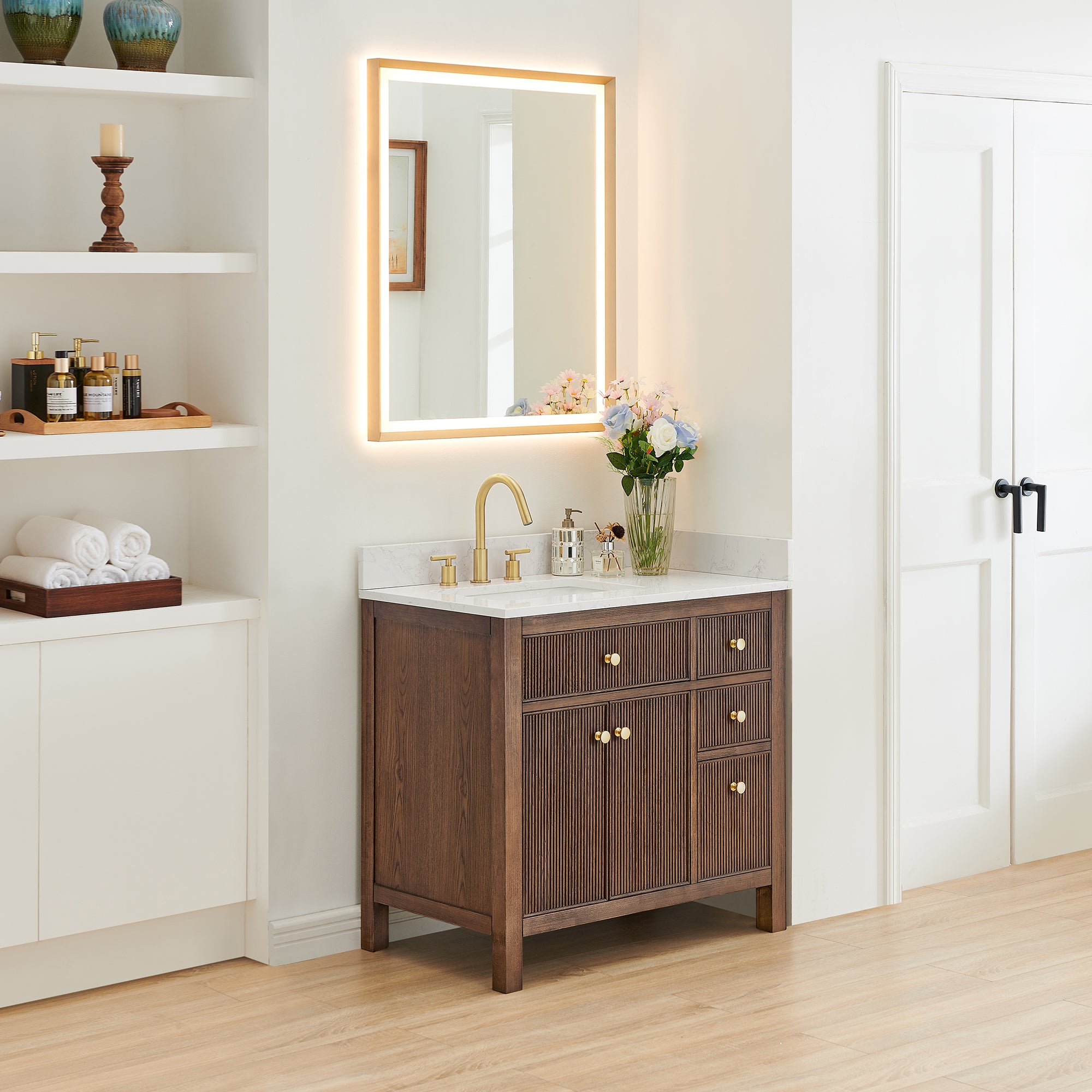 Cerrito 36 Inch Single Bathroom Vanity with White Engineered Stone Countertop - Modern Farmhouse Sink Cabinet for Powder Room & Guest Bath