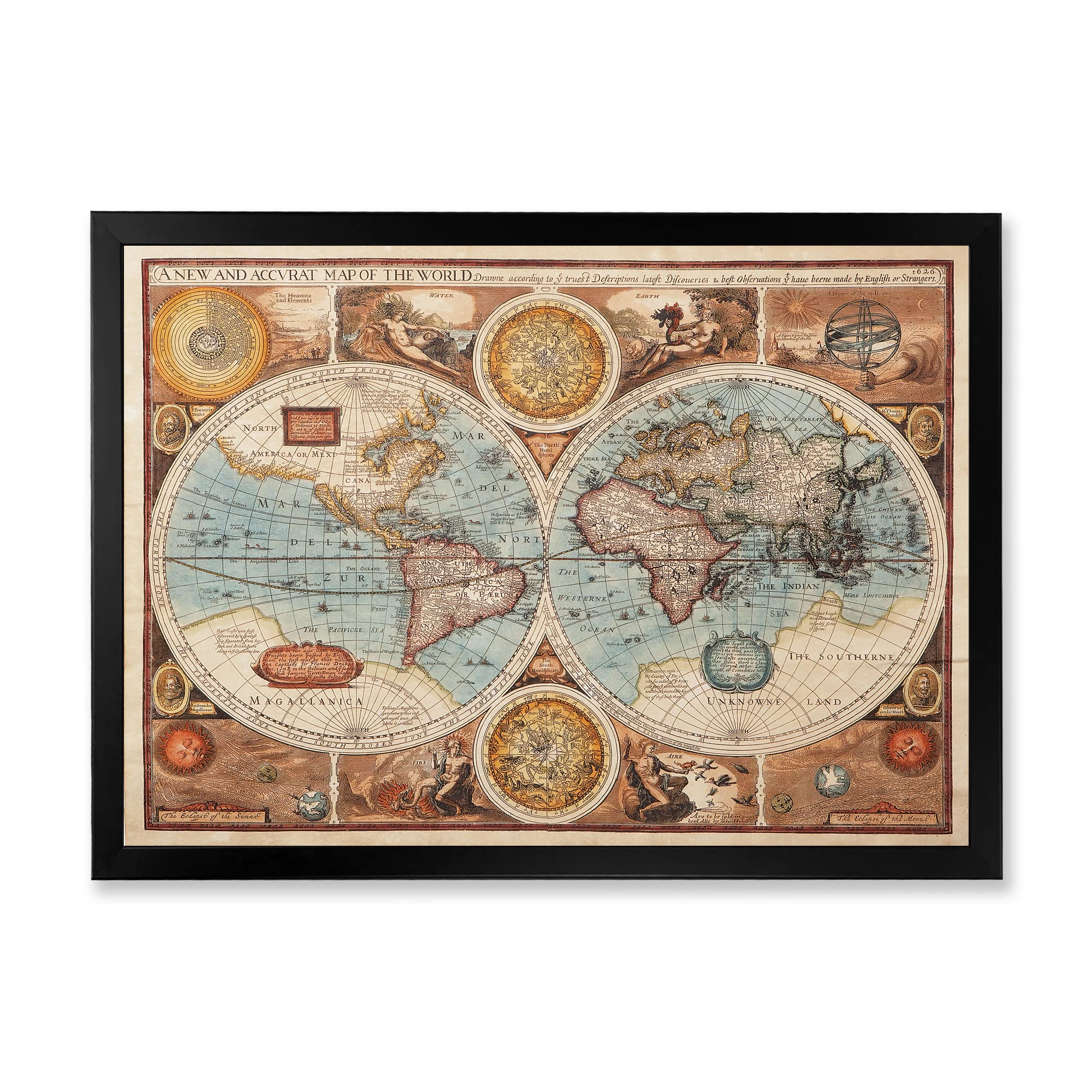 DesignQ Vintage Framed Wall Art - Ancient World Map VIII - Antique Home Decor for Living Room, Office & Study - Perfect Gift for History Lovers