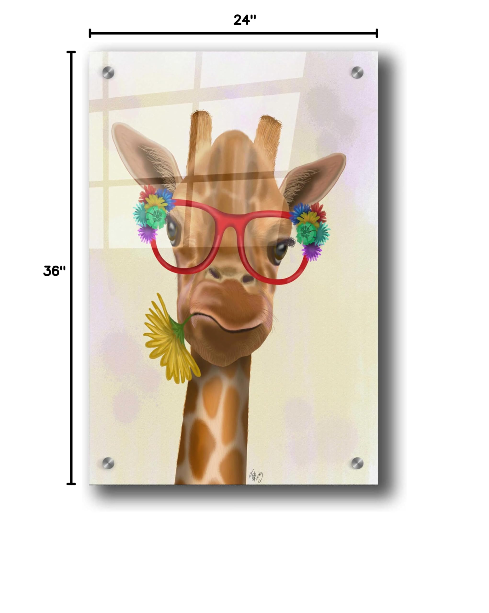 Epic Art 'Giraffe and Flower Glasses 3' by Fab Funky - Vibrant Acrylic Glass Wall Art Decor 24x36 Inches - Perfect for Living Room, Bedroom or Office Modern Decor