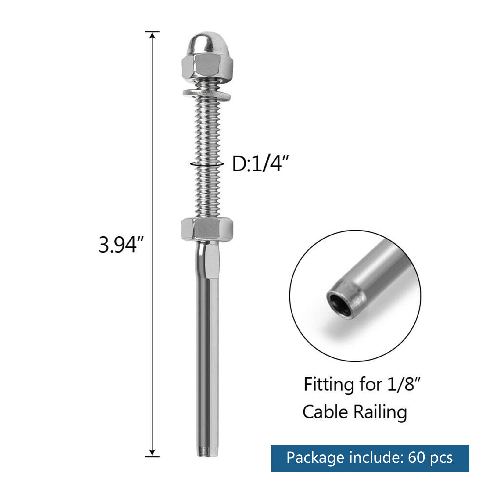 Stainless Steel Cable Railing Hardware Kit - 60 PCS T316 Swage Tensioners & Threaded Stud Fittings for 1/8