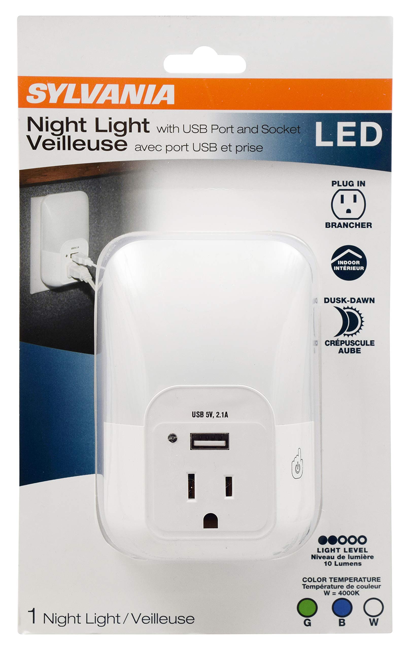 SYLVANIA LED Night Light with USB Port & Outlet, 3-Color Adjustable (3000K Warm White/5000K Daylight/6500K Cool White), 5 Lumens, Frosted Cover - Perfect for Bedrooms, Hallways, Bathrooms & Nursery (1-Pack)
