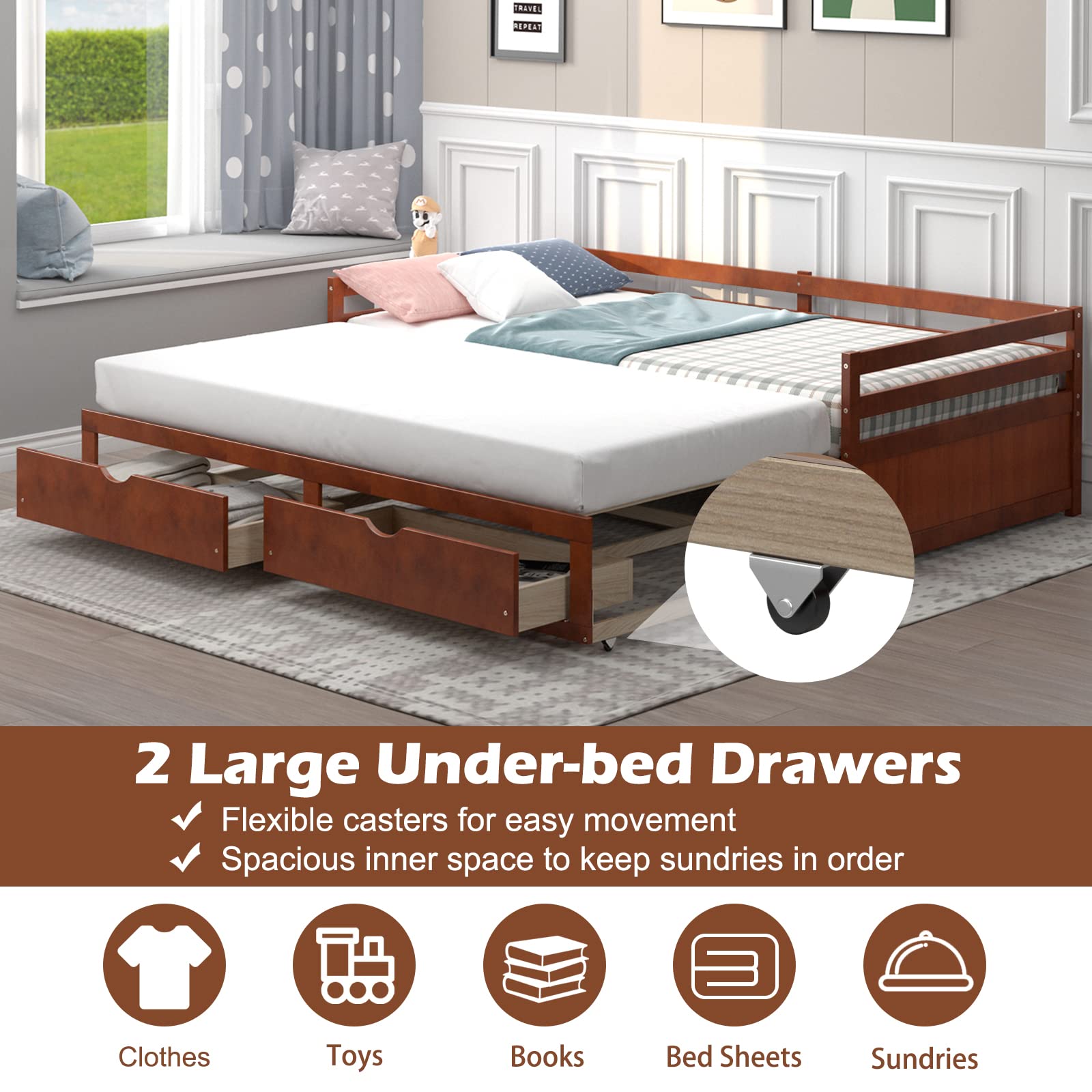 Giantex Wood Daybed with Trundle - Twin to King Size Extendable Daybed with 2 Storage Drawers, Modern Dual-Use Sofa Bed for Teens & Adults, No Box Spring Needed, Walnut Finish - Perfect for Small Bedrooms, Guest Rooms, and Living Spaces
