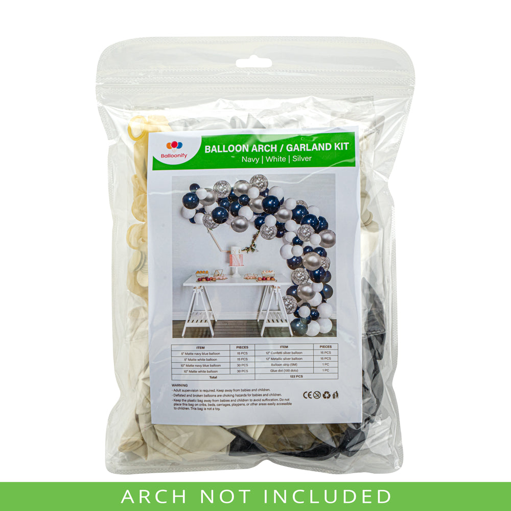 Navy, White & Silver Balloon Arch Kit - 122 Piece Balloon Garland Decorations for Parties, Weddings & Events | 1 Count Box