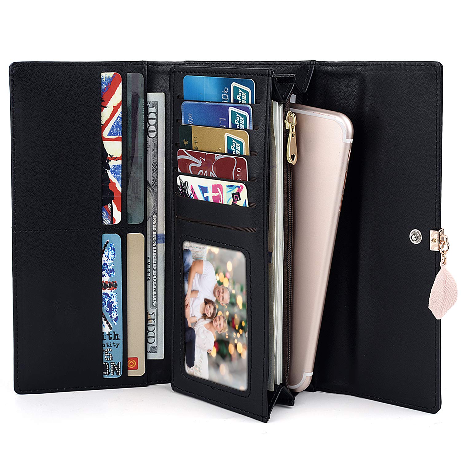 UTO RFID Blocking Wallet for Women - PU Leather Leaf Pendant Card Holder with Zipper Coin Purse | Phone & Checkbook Organizer | Perfect for Travel, Shopping & Everyday Use