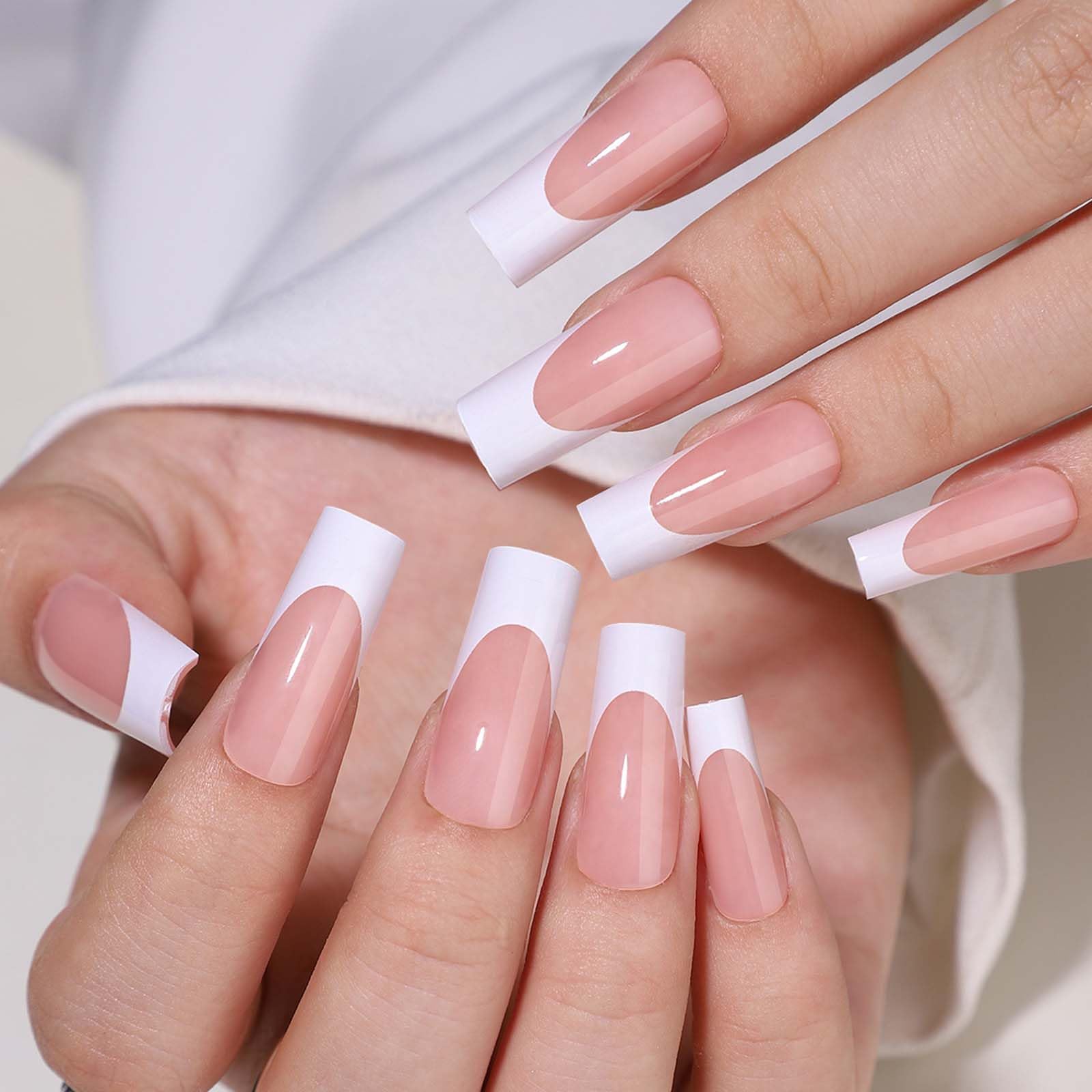 120 Pcs French Tip Press On Nails - Long Square Fake Nails with White Tips, Full Cover Acrylic Glue On Nails & Coffin Style - Includes Adhesive Tabs for Easy Application (12 Sizes) - Perfect for Salon-Quality Manicures at Home, Parties, Weddings & Special Occasions
