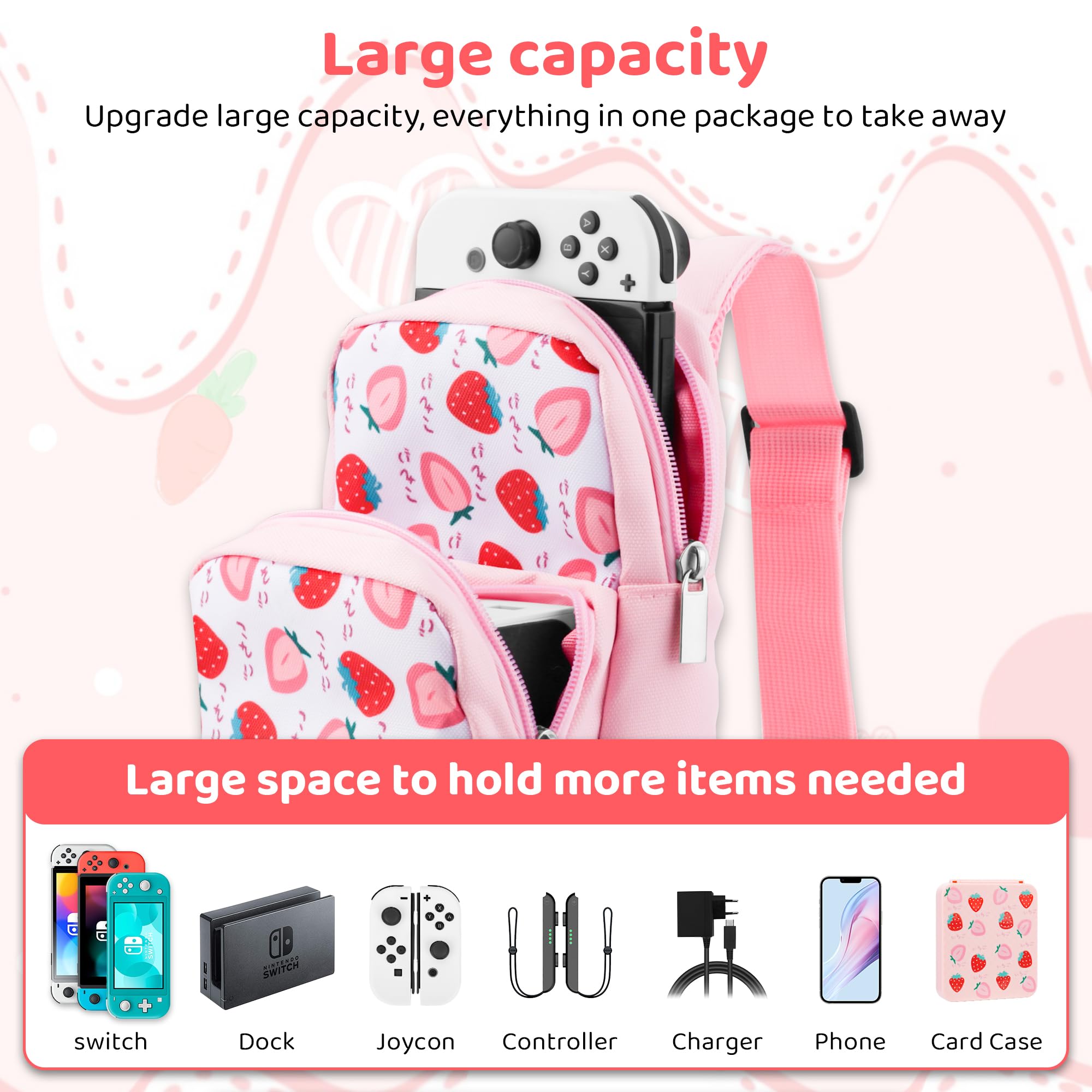 HYPERCASE Pink Strawberry Carrying Travel Bag for Nintendo Switch/OLED/Lite - Cute Sling Crossbody Backpack with 2 Pockets for Switch Console, Dock, Joycon & Accessories Storage - Perfect for Gaming On-The-Go, Travel, and Daily Commute
