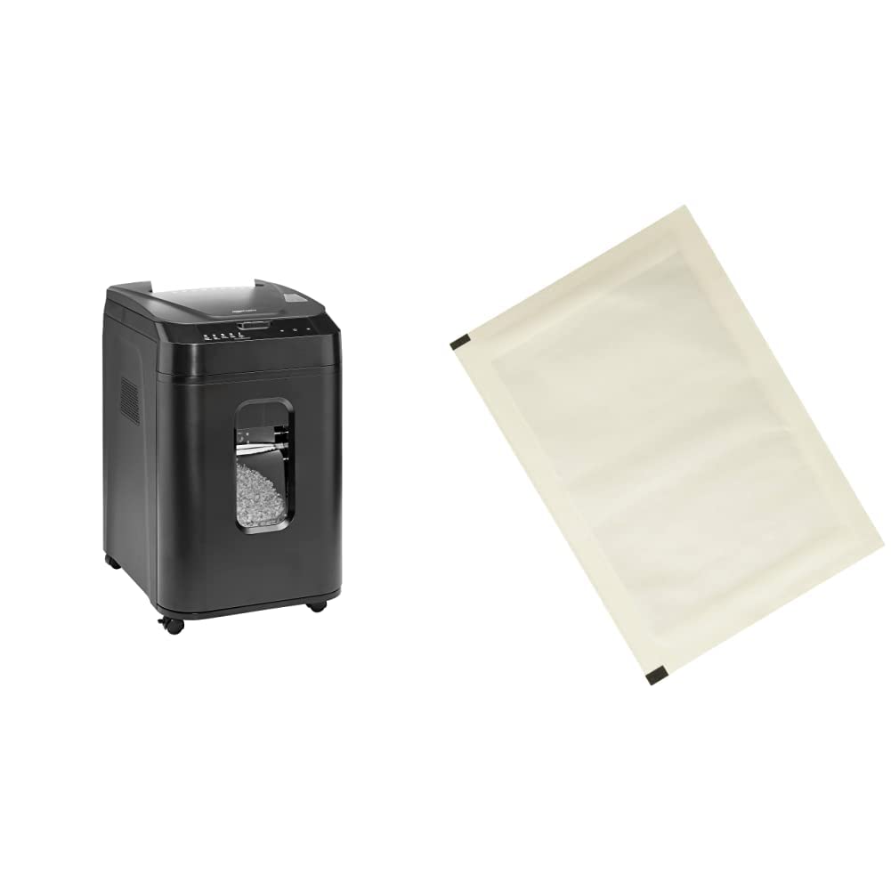 Amazon Basics 150 Sheet Auto-Feed Micro-Cut Paper Shredder (Black) with 12-Pack Shredder Sharpening & Lubricant Sheets - Secure Document Destruction for Home & Office Use