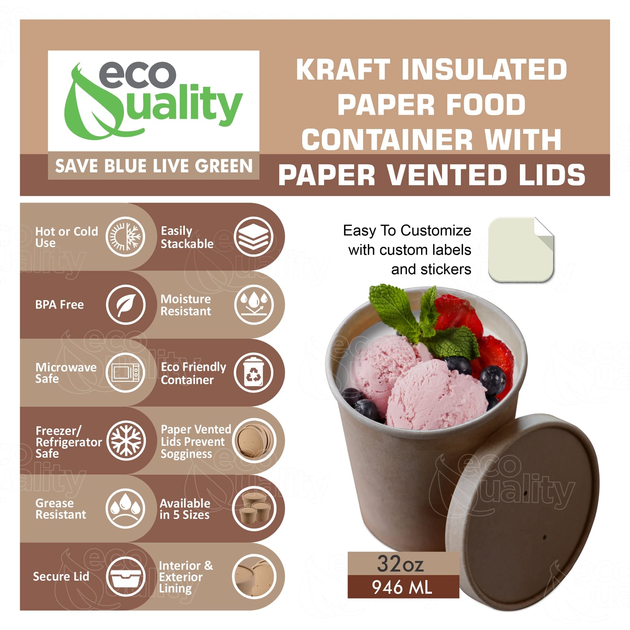 Eco-Friendly Disposable Kraft Paper Soup Bowls with Lids - 32 Pack Round 75oz Microwave & Freezer Safe Food Containers for Ice Cream, Frozen Yogurt, Desserts & Takeout - Perfect for Parties, Catering & Food Storage