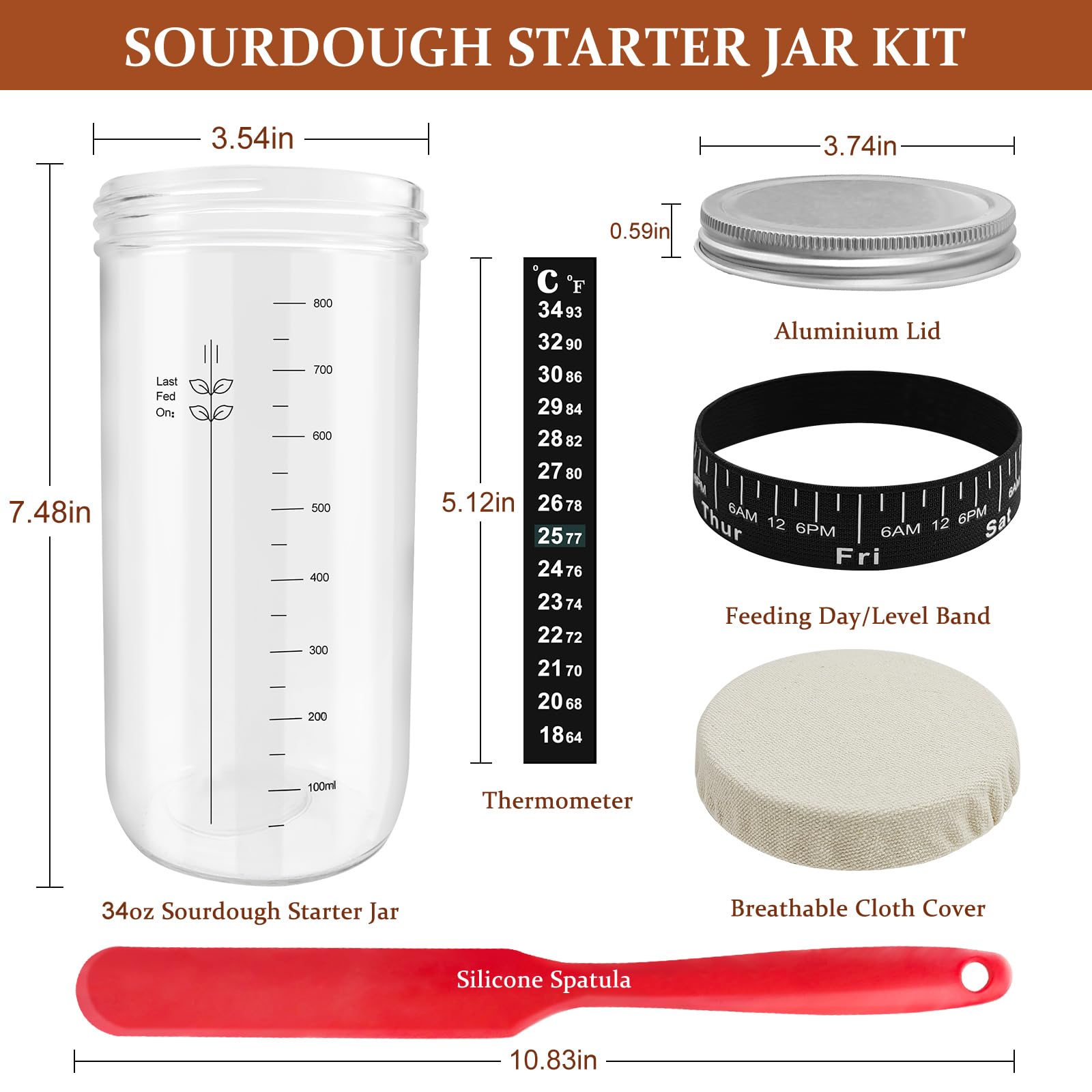 Organic Sourdough Starter Kit for Homemade Bread Baking - 34oz Glass Jar with Date Marker, Thermometer, Silicone Spatula & Lid - Perfect for Artisan Bread, Pizza Dough & Pastries | Home Baker Gift Idea