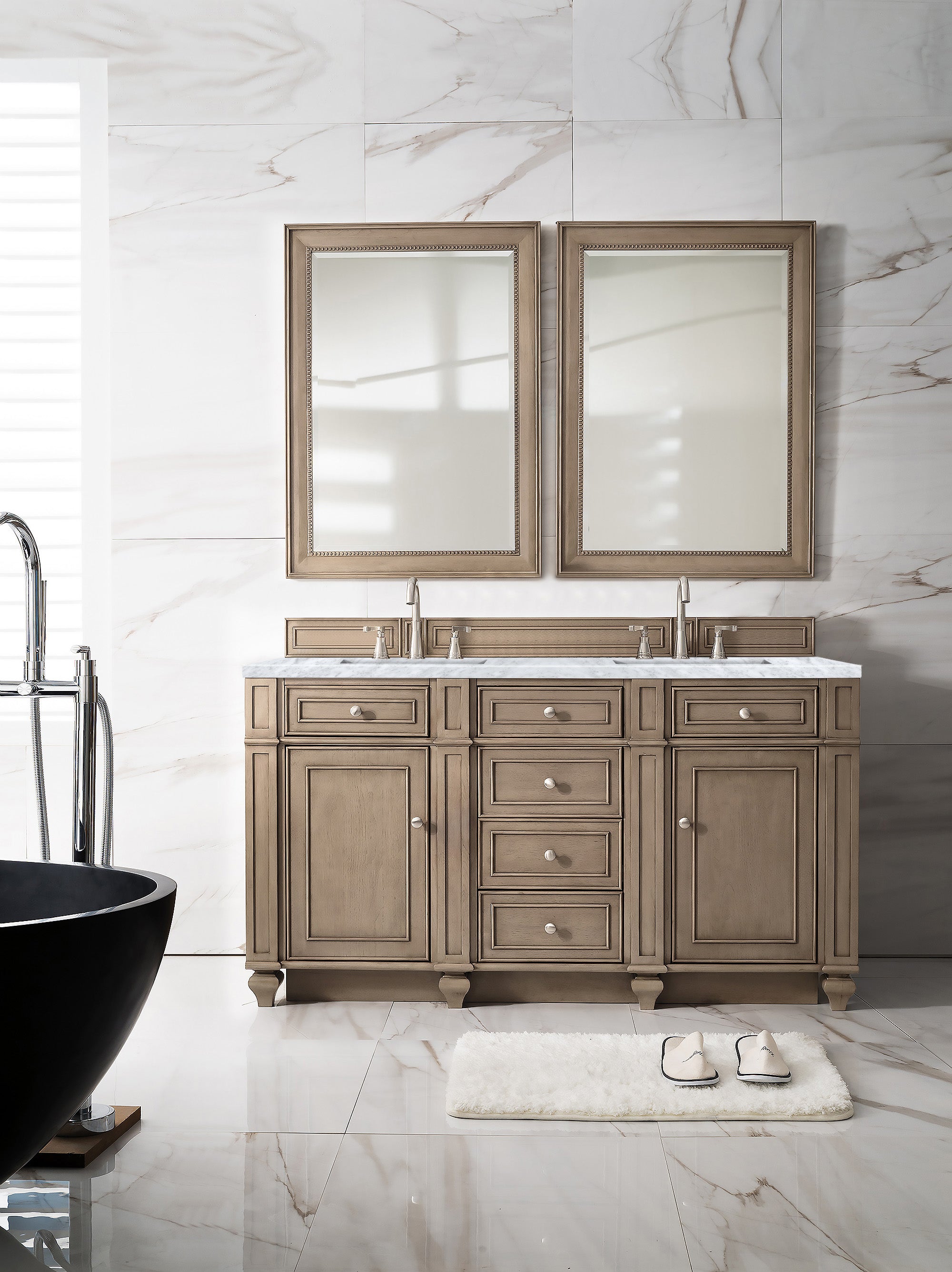 Bristol 60-Inch Double Bathroom Vanity in Whitewashed Walnut with 3CM Carrara Marble Top - Perfect for Master Bathroom Renovation and Modern Home Decor