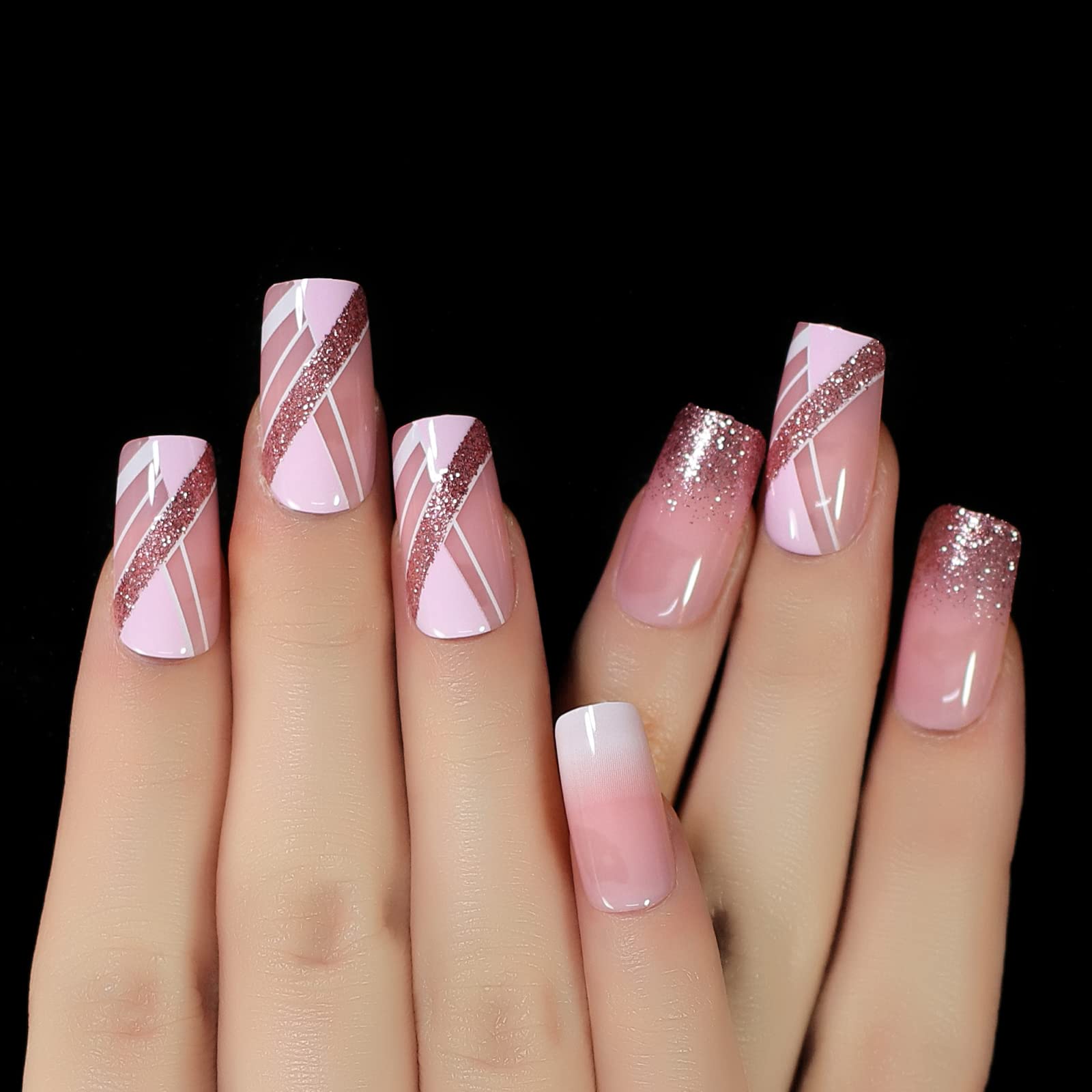 Pink Glitter French Line Geometry False Nails - Medium Square Glossy White Squoval Press On Nails (24 pcs/Kit) for Parties, Weddings & Special Occasions