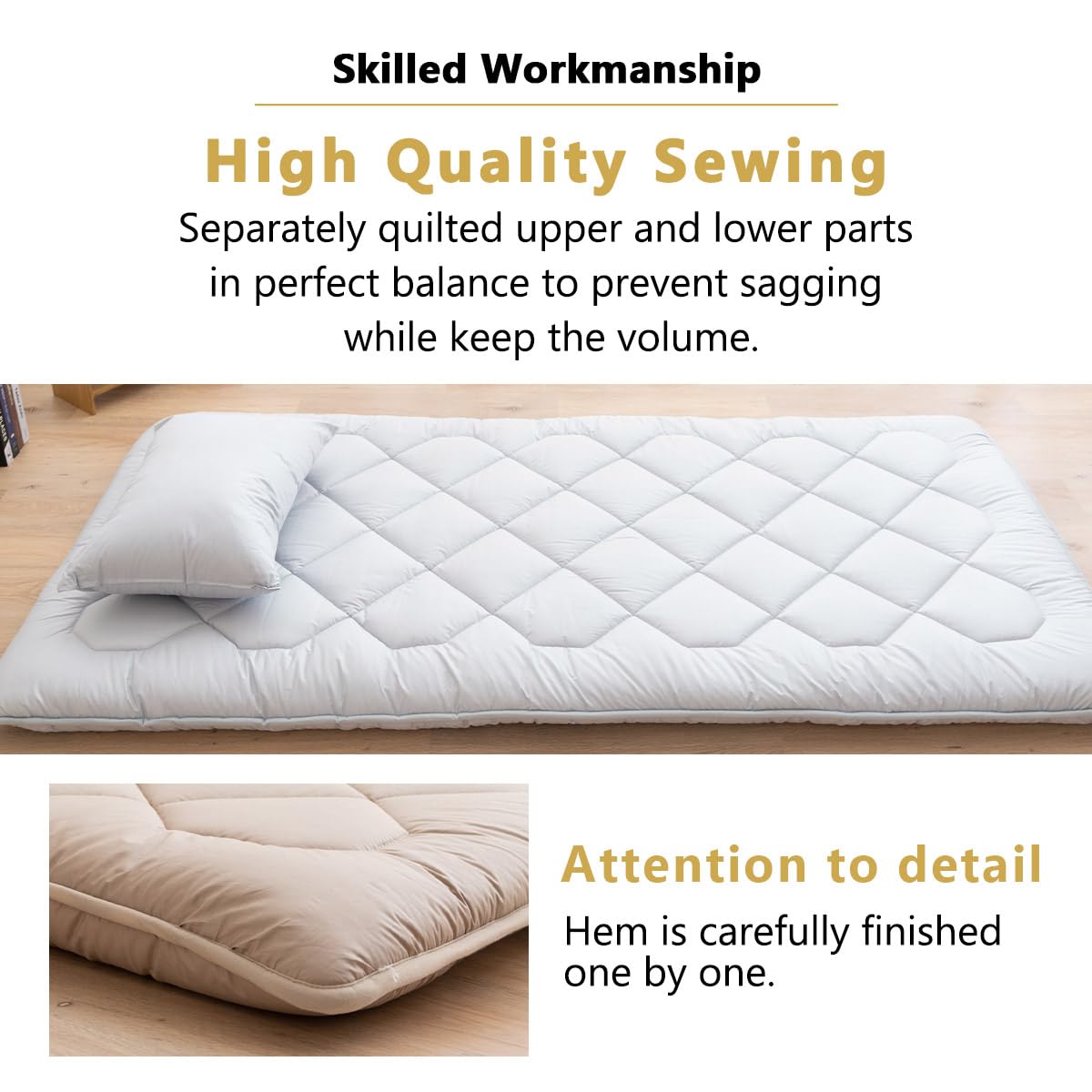 EMOOR Japanese Floor Futon - Anti-Sag Twin-XL 100% Cotton Chip Foam Shikibuton | Foldable Tatami Sleeping Mat for Small Spaces, Guest Bed & Minimalist Home Decor | Made in Japan (Gray)