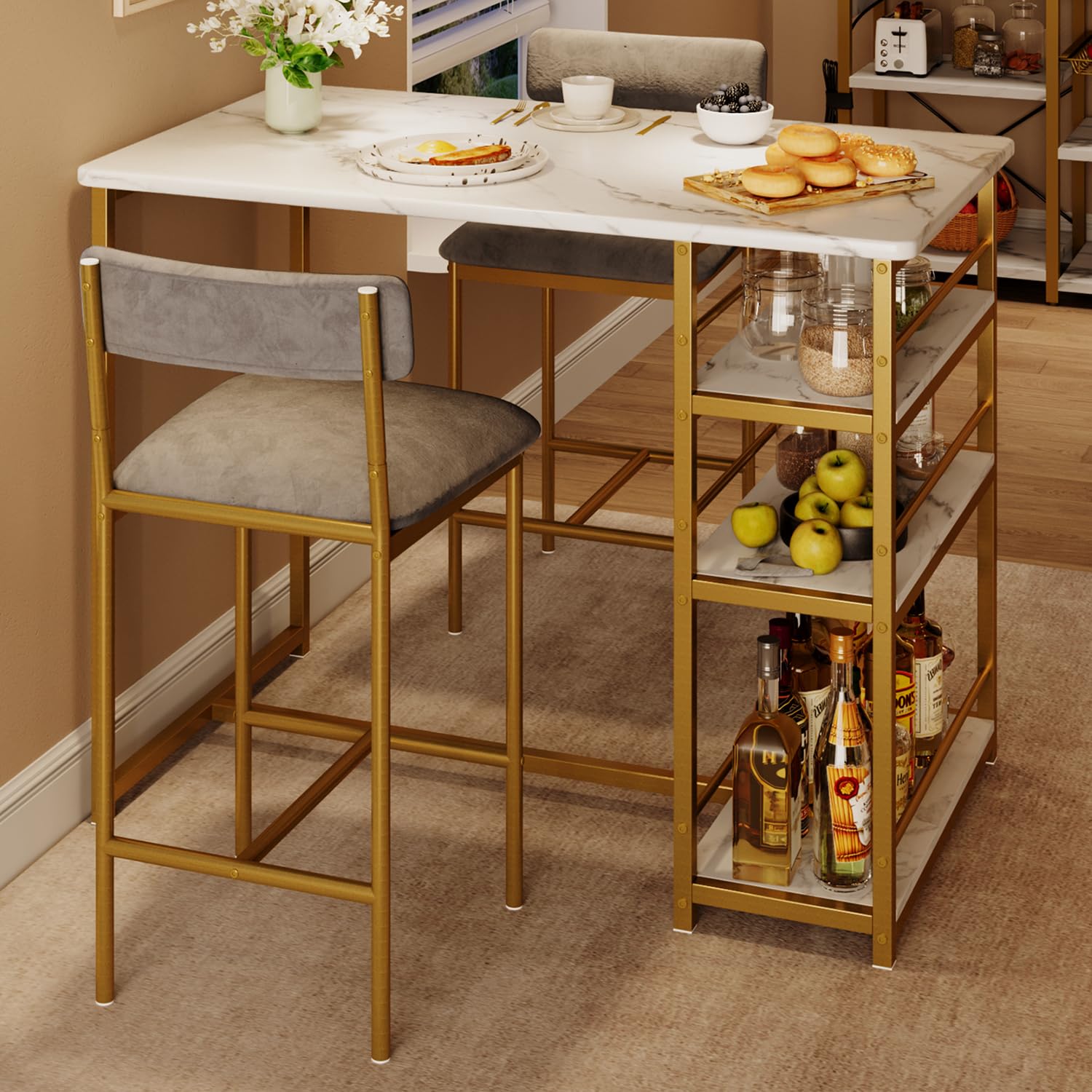 **IDEALHOUSE 3-Piece Counter Height Dining Table Set for 2 - Kitchen Bar Table with 2 Velvet Bar Stools, Small Space & Apartment Friendly in Gray, Gold & White - Perfect for Breakfast Nooks, Studio Apartments & Cozy Dining**