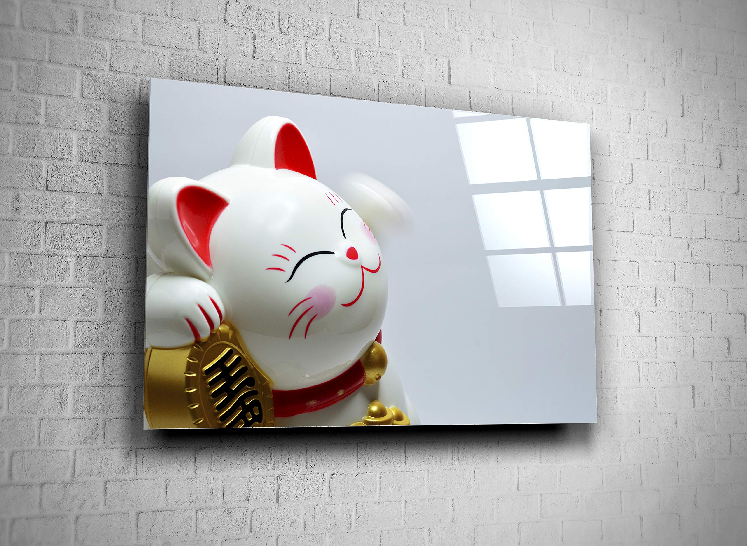 Maneki Neko Lucky Cat Statue - Japanese Fortune Talisman, Tempered Glass Wall Art for Home, Office & Hotel Decor - Modern Feng Shui Gift (24x36) - Perfect for Living Room, Bedroom, Reception & Japanese-Themed Spaces
