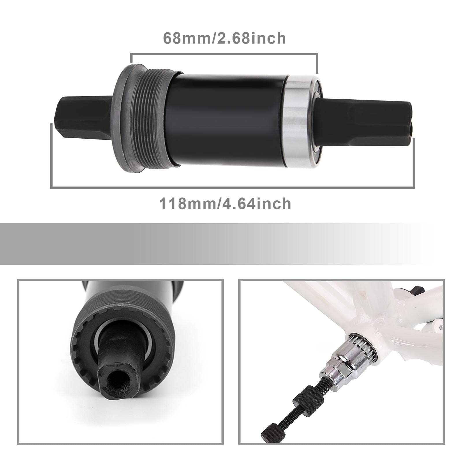 Mountain Bike Square Taper Bottom Bracket 68x118mm - Sealed Cartridge Bicycle Axle with Waterproof Screws - Black MTB Square Hole Axle Replacement Part for Trail Riding & Off-Road Cycling