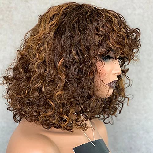 Brazilian Remy Human Hair Lace Front Wig with Bangs - 180% Density Transparent Lace 4T27 Highlight Color Curly Wig for Black Women | Natural Look for Daily Wear, Parties & Special Occasions