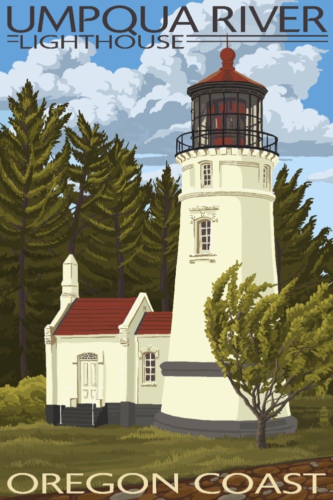 Lantern Press Umpqua River Oregon Lighthouse Art Print - 16x24 Wrapped Canvas Wall Decor for Living Room, Bedroom & Office - Coastal Landscape Painting for Home Decoration