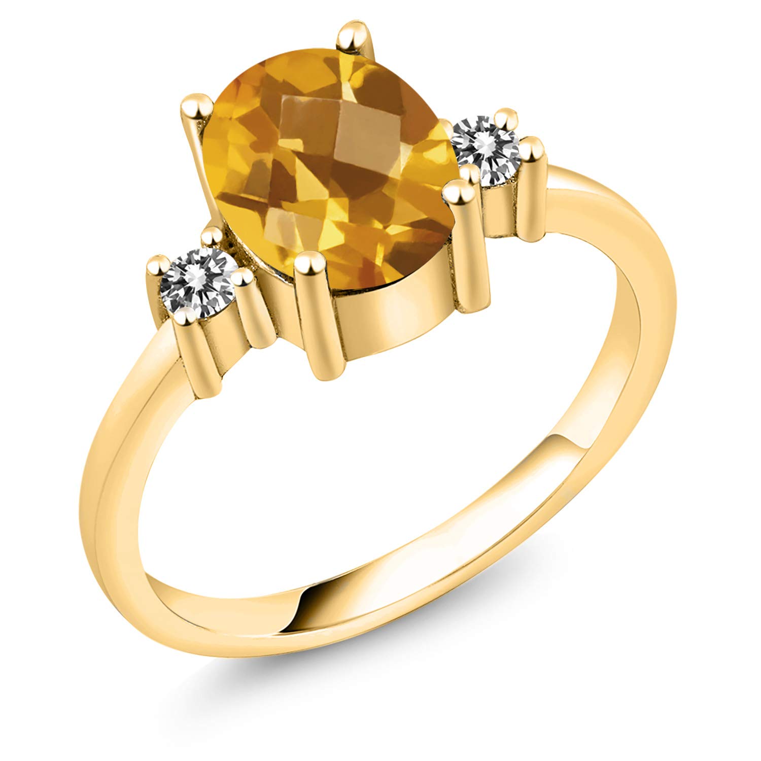 1.78 Ct Oval Checkerboard Yellow Citrine & White Diamond Ring - 18K Gold Plated Sterling Silver Jewelry for Women - Perfect for Weddings, Anniversaries & Special Occasions