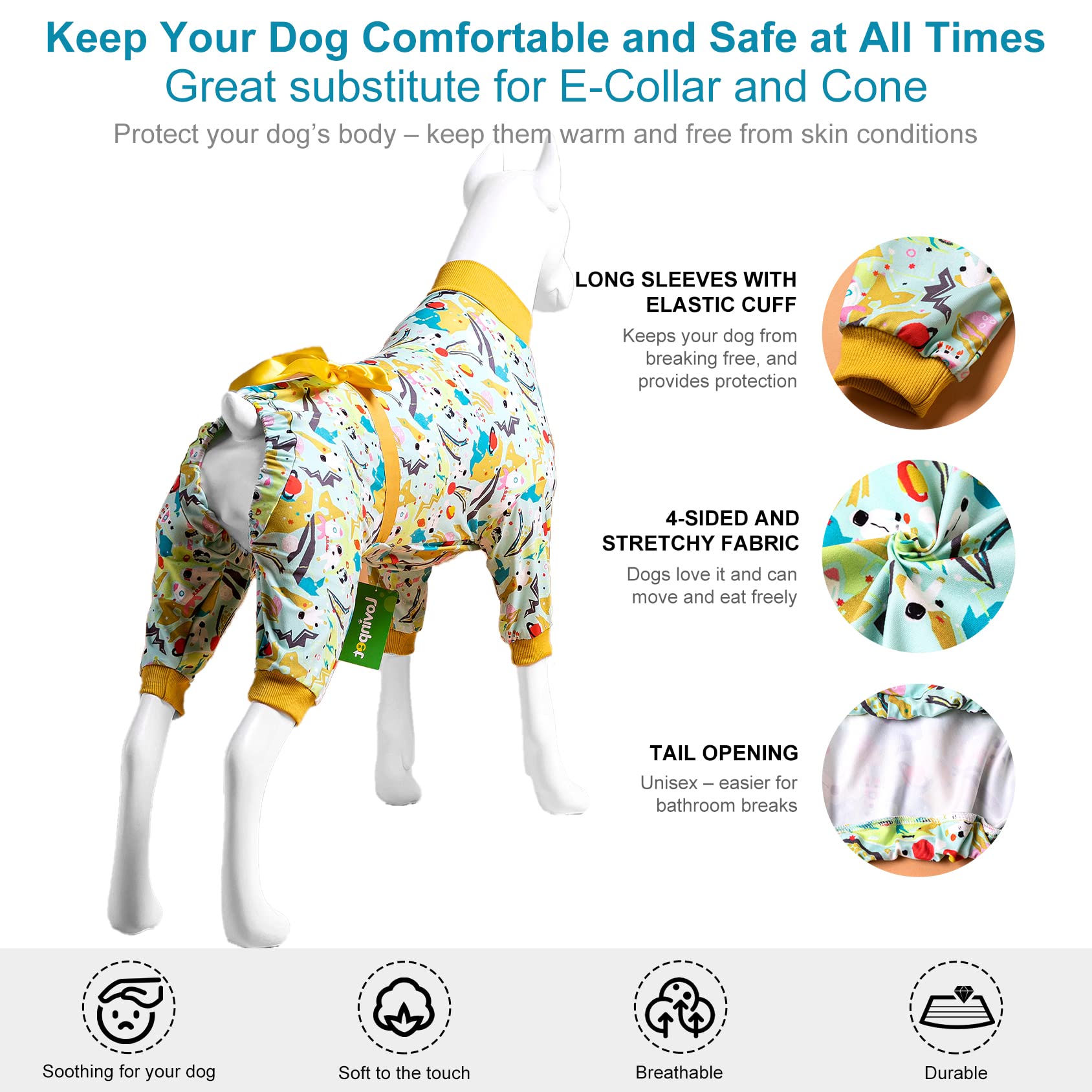 LovinPet Large Dog Pajamas - Mint Outer Space Print Onesie for Wound Care & Post-Surgery Recovery | UV Protection Anxiety Relief Shirt for Dogs | Comfortable Pet PJs in Yellow | Perfect for Post-Op Care, Anxiety Relief & Indoor Lounging
