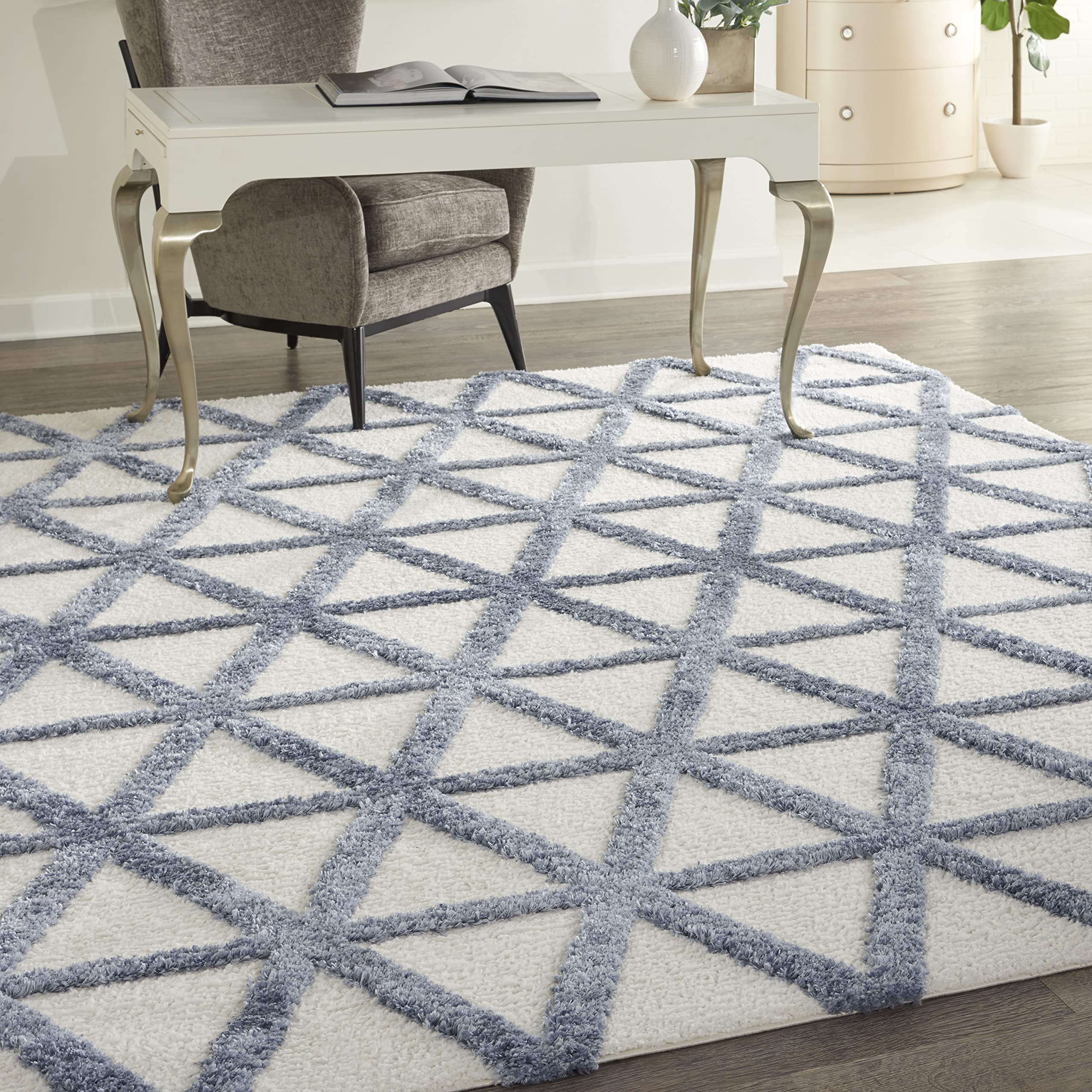 Nourison Melfi Modern Ivory Blue 8x10 Area Rug - Easy Clean, Non-Shedding, Stain Resistant for Living Room, Bedroom, Dining Room & Kitchen | Soft & Durable Home Decor for High Traffic Areas