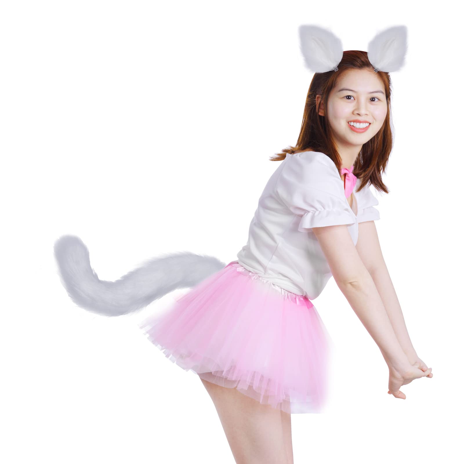 Faux Fur Wolf Fox Tail Hair Clips with Ears & Gloves Set - Halloween Christmas Cosplay Costume Accessories for Party Dress Up & Role Play