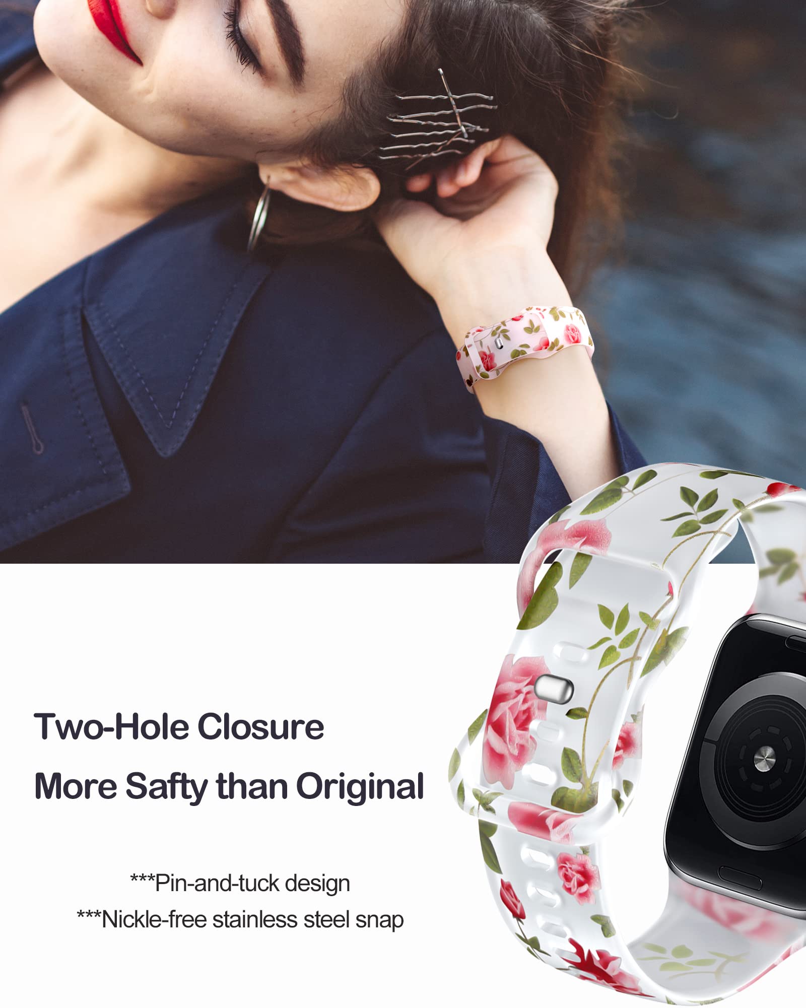 Witzon Floral Greenery Print Silicone Sport Band for Apple Watch Series 8/7/6/5/4/3/2/1/SE/Ultra - 38mm 40mm 41mm 42mm 44mm 45mm 49mm Women's Replacement Strap Accessories - Perfect for Workouts, Running & Everyday Fashion
