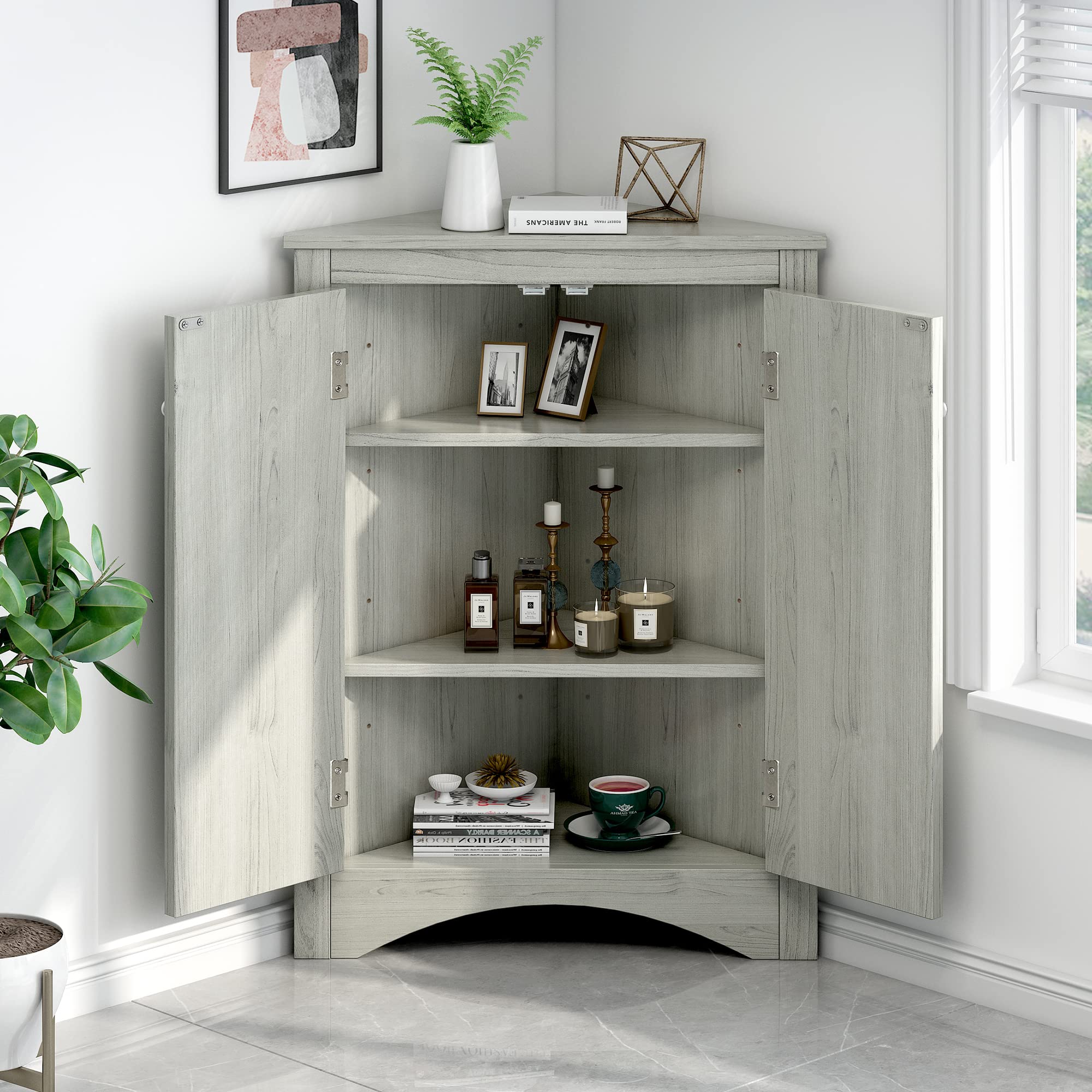 Modern Corner Storage Cabinet with Adjustable Shelves - Sturdy MDF Board, Spacious Design for Home & Kitchen Organization | Freestanding Triangle Floor Cabinet for Small Spaces, Pantry, Bathroom or Living Room Storage