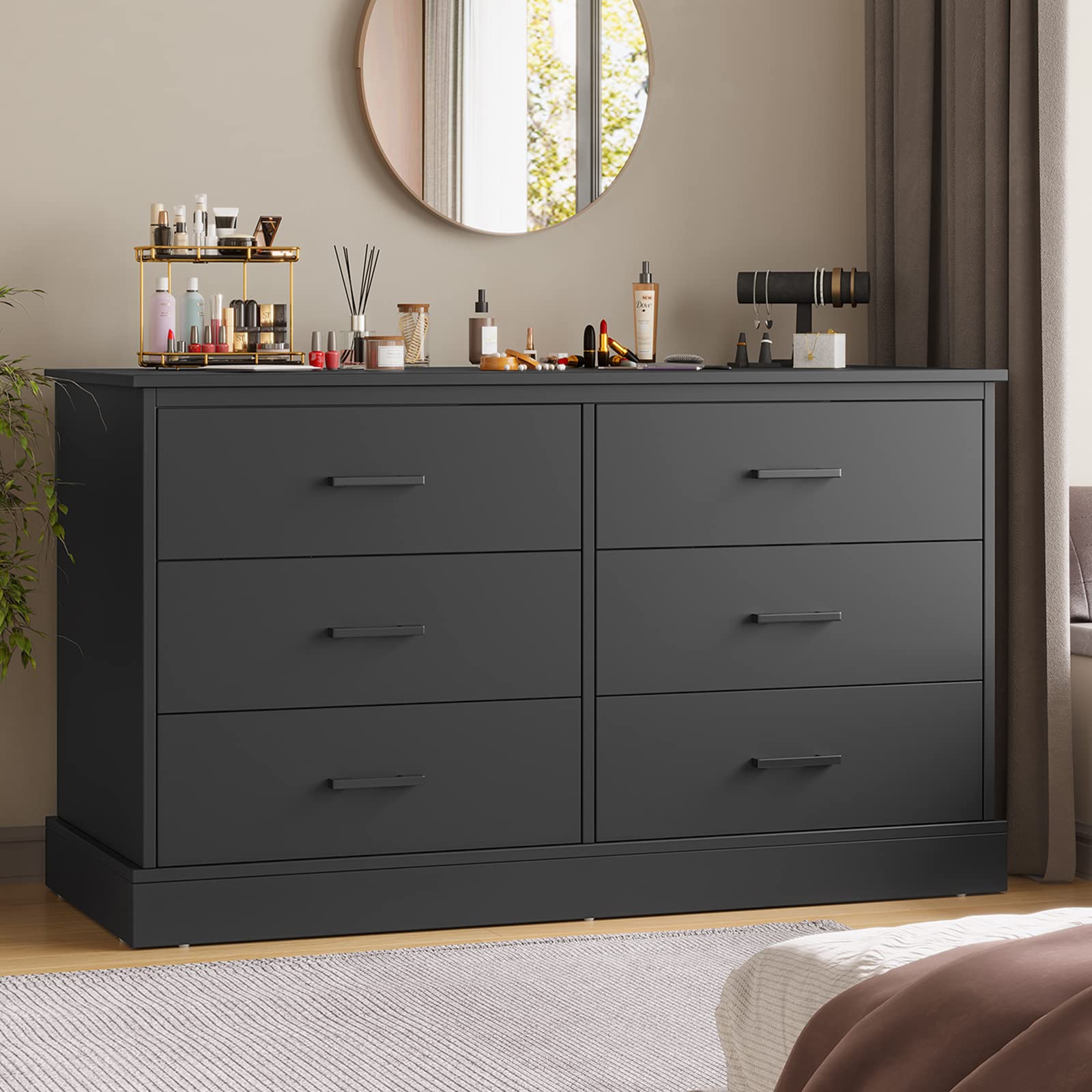 Hasuit Black 6-Drawer Double Dresser - Solid Wood Storage Tower & Clothes Organizer with Sturdy Base - Wide Chest of Drawers for Bedroom, Hallway, Entryway - Perfect for Home Organization & Space Saving