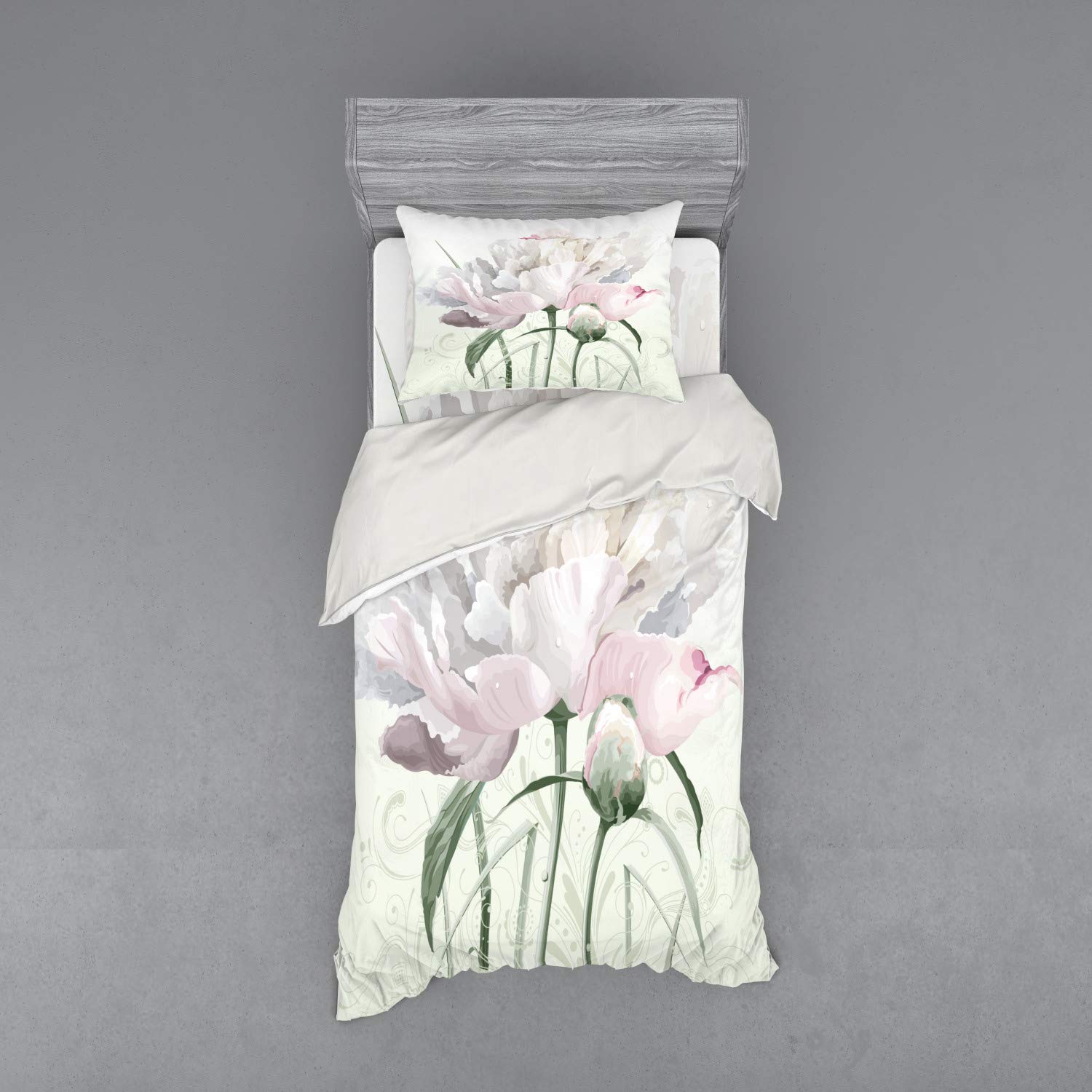 Ambesonne Floral Bedding Set - Pink Roses & Tulips with Abstract Garden Leaves Print, 3-Piece Duvet Cover Set with Sham & Fitted Sheet, Twin XL Size, White - Perfect for Spring Bedroom Decor & Guest Room Styling